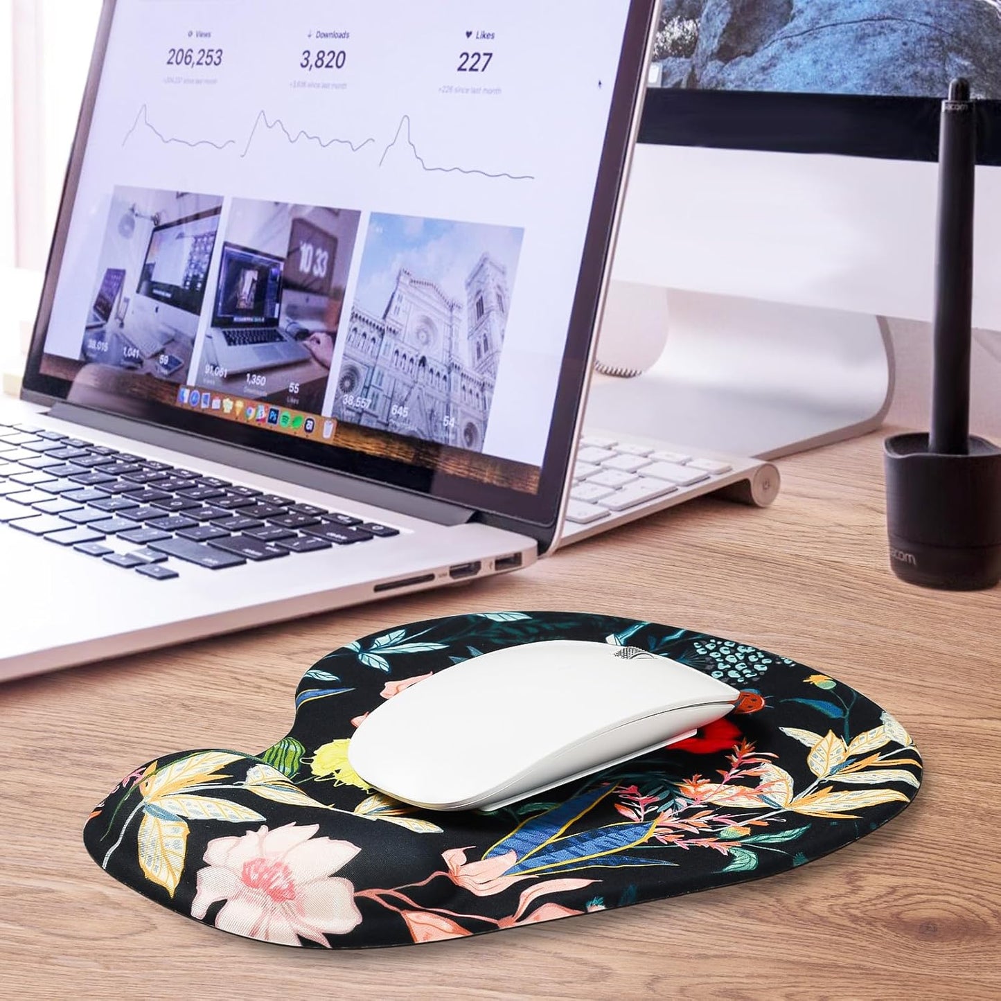 JIKIOU Mouse Pad, 2 Pack Ergonomic Mouse Pads with Comfortable Gel Wrist Rest Support and Lycra Cloth, Non-Slip PU Base for Easy Typing Pain Relief Durable and Easy to Clean Small Black