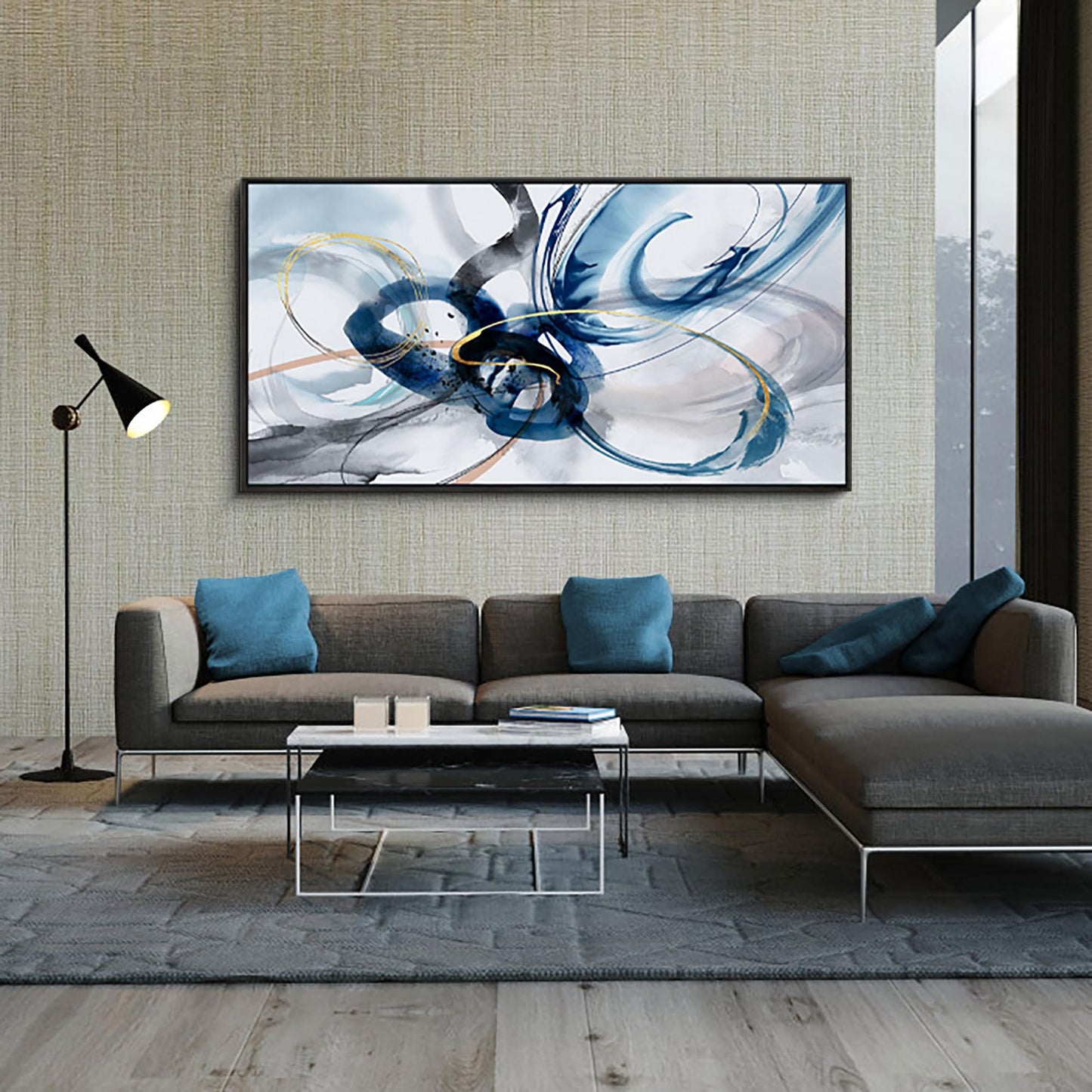 yiijeah Wall Art for Living Room - Framed Picture Artwork for Walls - Blue Wall Art 24x48 Inches Contemporary Abstract Wall Art Prints Canvas Painting Large Size Wall Art for Bedroom Office
