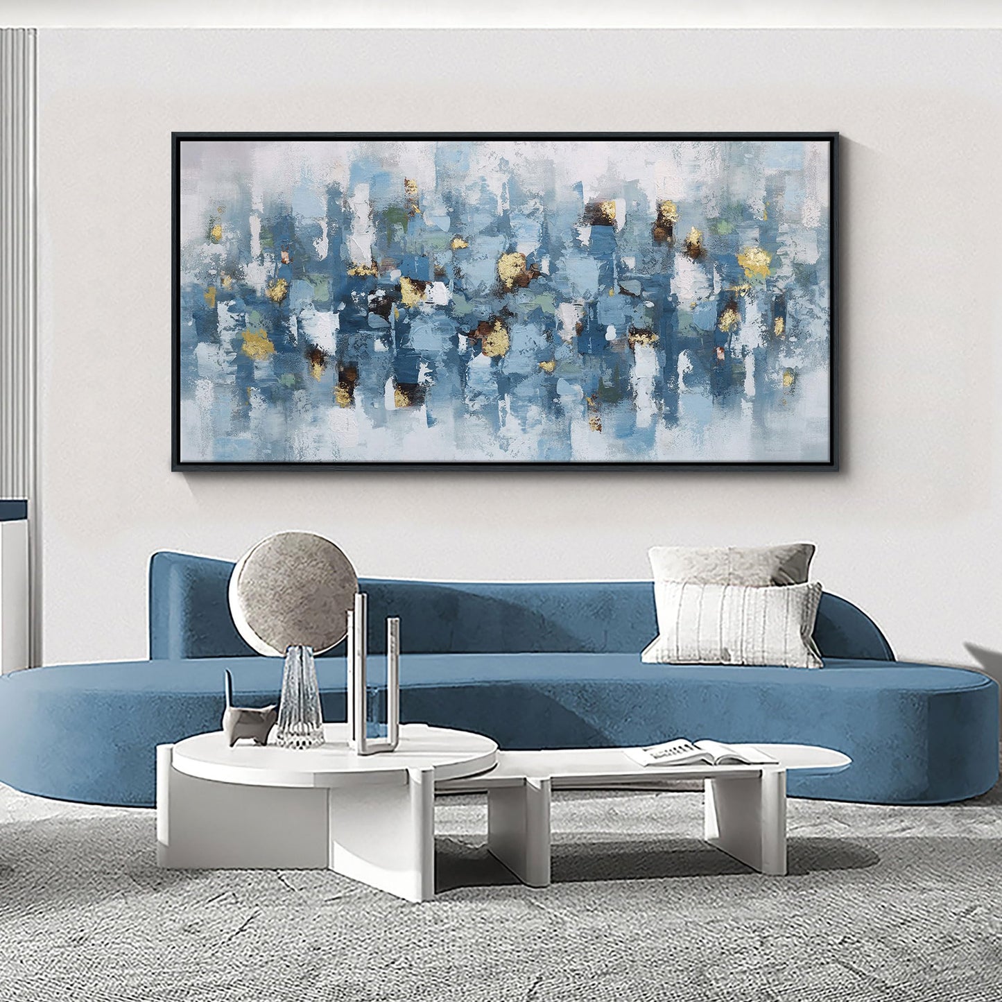 yiijeah Wall Art for Living Room - Framed Picture Artwork for Walls - Blue Wall Art 24x48 Inches Contemporary Abstract Wall Art Prints Canvas Painting Large Size Wall Art for Bedroom Office