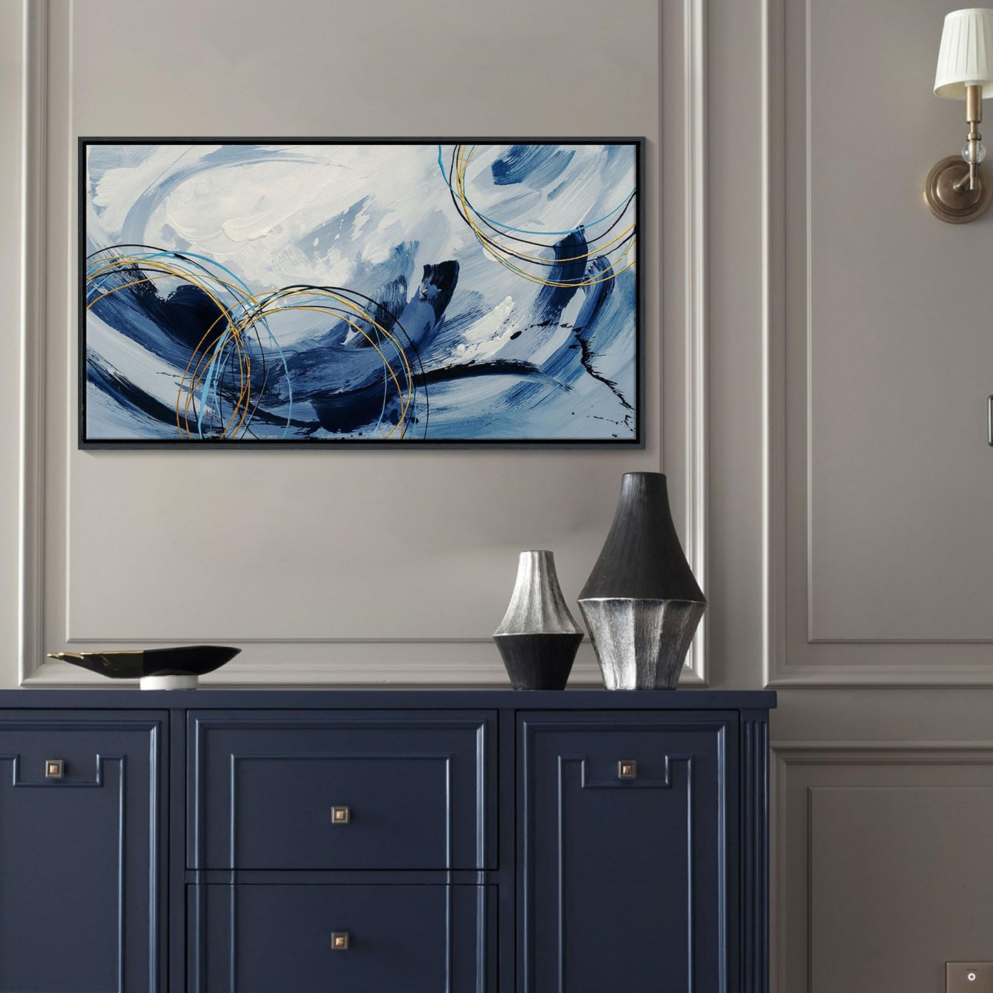 yiijeah Wall Art for Living Room - Framed Picture Artwork for Walls - Blue Wall Art 24x48 Inches Contemporary Abstract Wall Art Prints Canvas Painting Large Size Wall Art for Bedroom Office