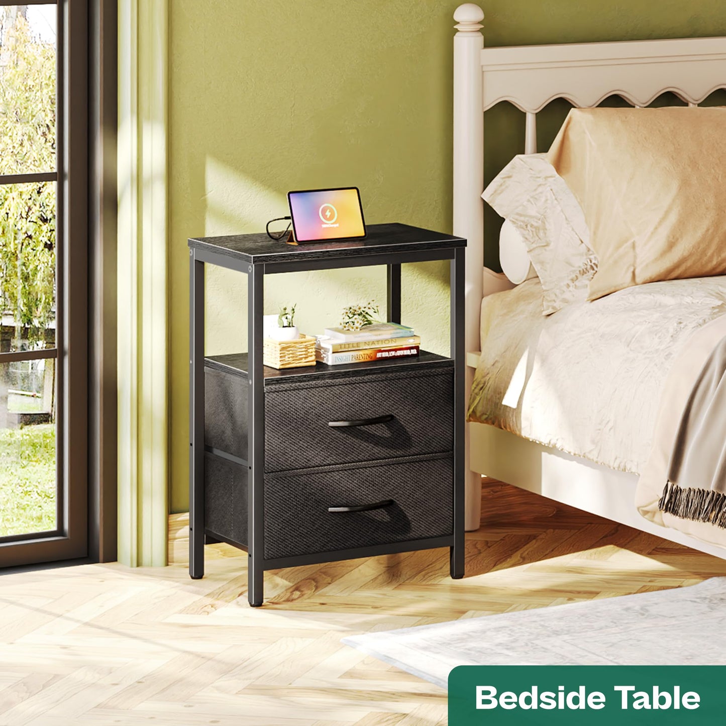 Huuger Nightstand with Charging Station, Side Table with Fabric Drawers, End Table with Open Shelf, Bedside Table with USB Ports and Outlets, Night Stand for Bedroom, Rustic Brown and Black