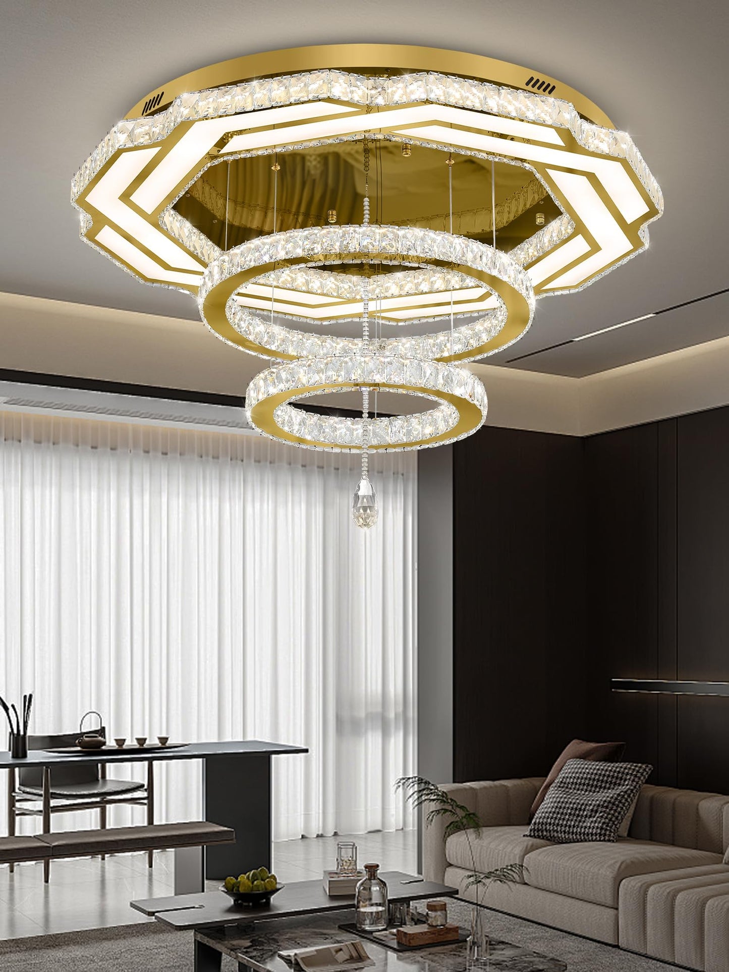 Flashing God Crystal Chandeliers Dia 32" Silver Elegant Chandelier Flush Mount Ceiling Light for Bedroom Living Room Dining Room Hallway Dimmable 3 Rings LED Celing Lighting Fixtures