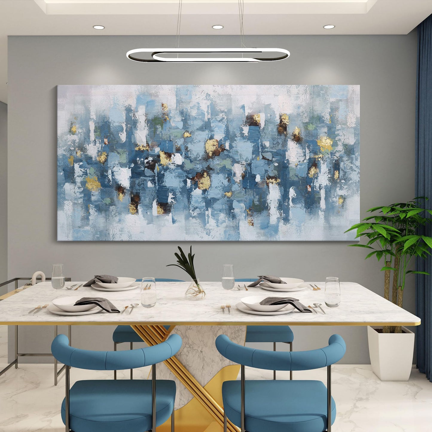 yiijeah Wall Art for Living Room - Framed Picture Artwork for Walls - Blue Wall Art 24x48 Inches Contemporary Abstract Wall Art Prints Canvas Painting Large Size Wall Art for Bedroom Office