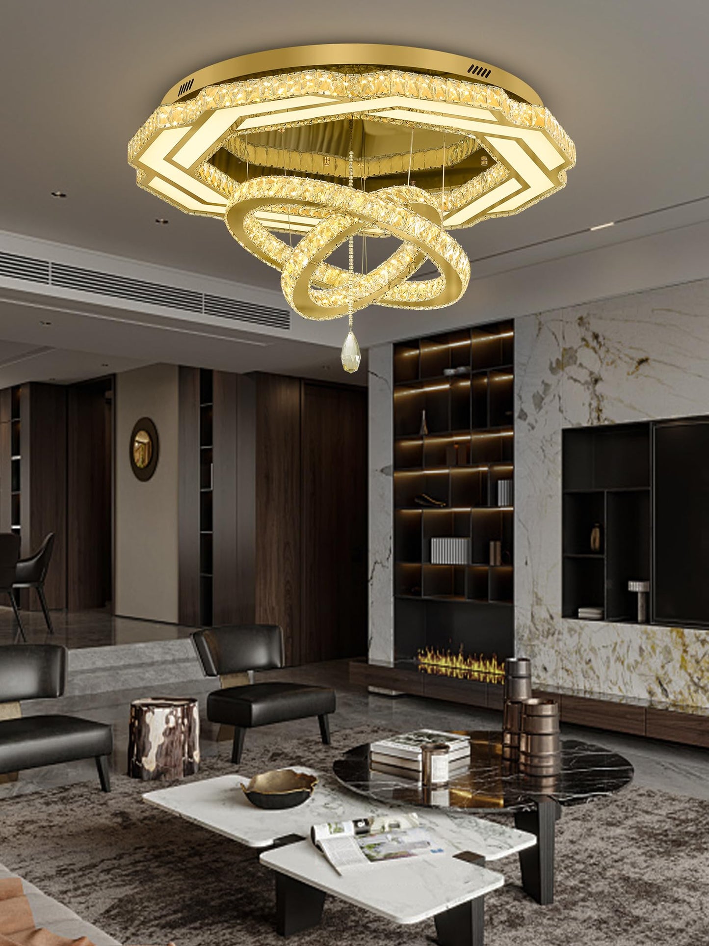 Flashing God Crystal Chandeliers Dia 32" Silver Elegant Chandelier Flush Mount Ceiling Light for Bedroom Living Room Dining Room Hallway Dimmable 3 Rings LED Celing Lighting Fixtures