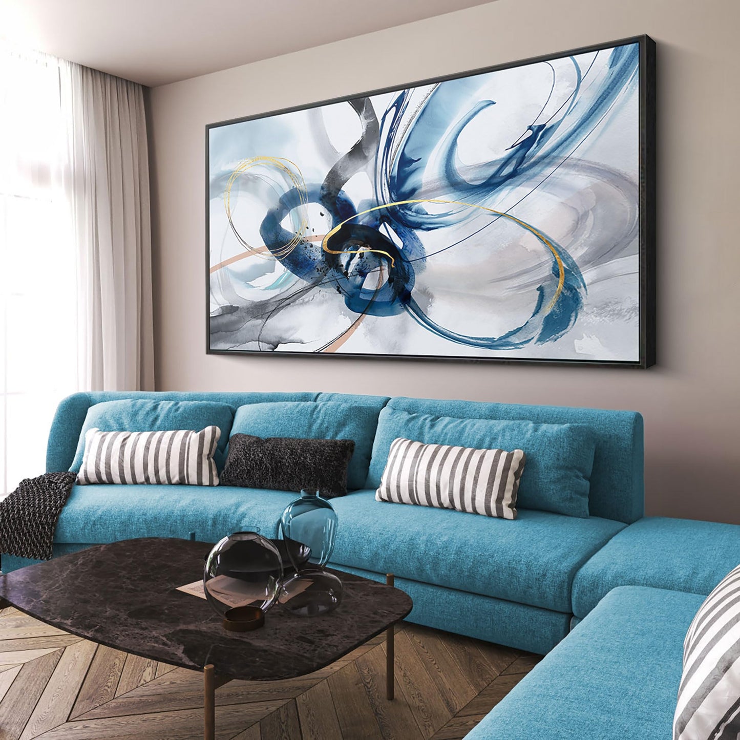 yiijeah Wall Art for Living Room - Framed Picture Artwork for Walls - Blue Wall Art 24x48 Inches Contemporary Abstract Wall Art Prints Canvas Painting Large Size Wall Art for Bedroom Office