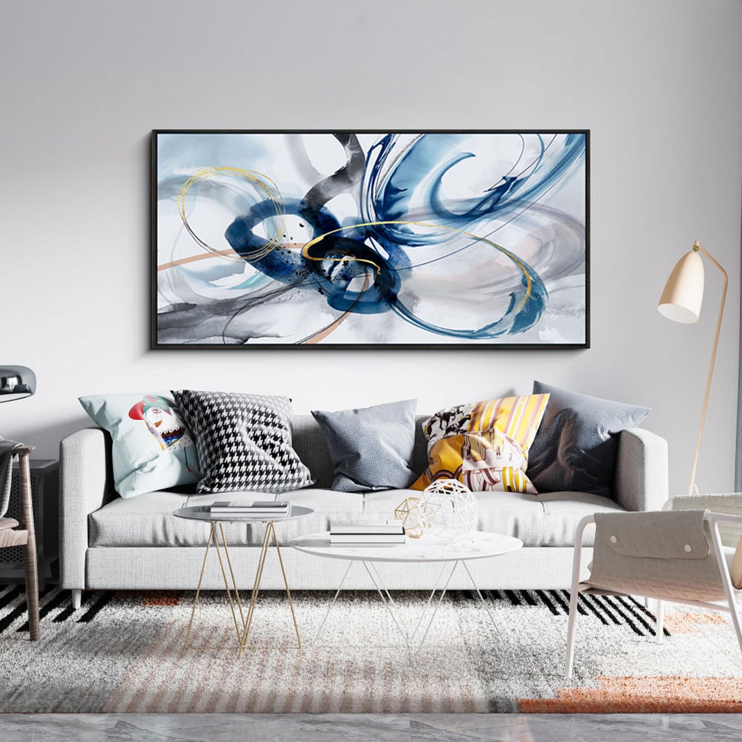 yiijeah Wall Art for Living Room - Framed Picture Artwork for Walls - Blue Wall Art 24x48 Inches Contemporary Abstract Wall Art Prints Canvas Painting Large Size Wall Art for Bedroom Office