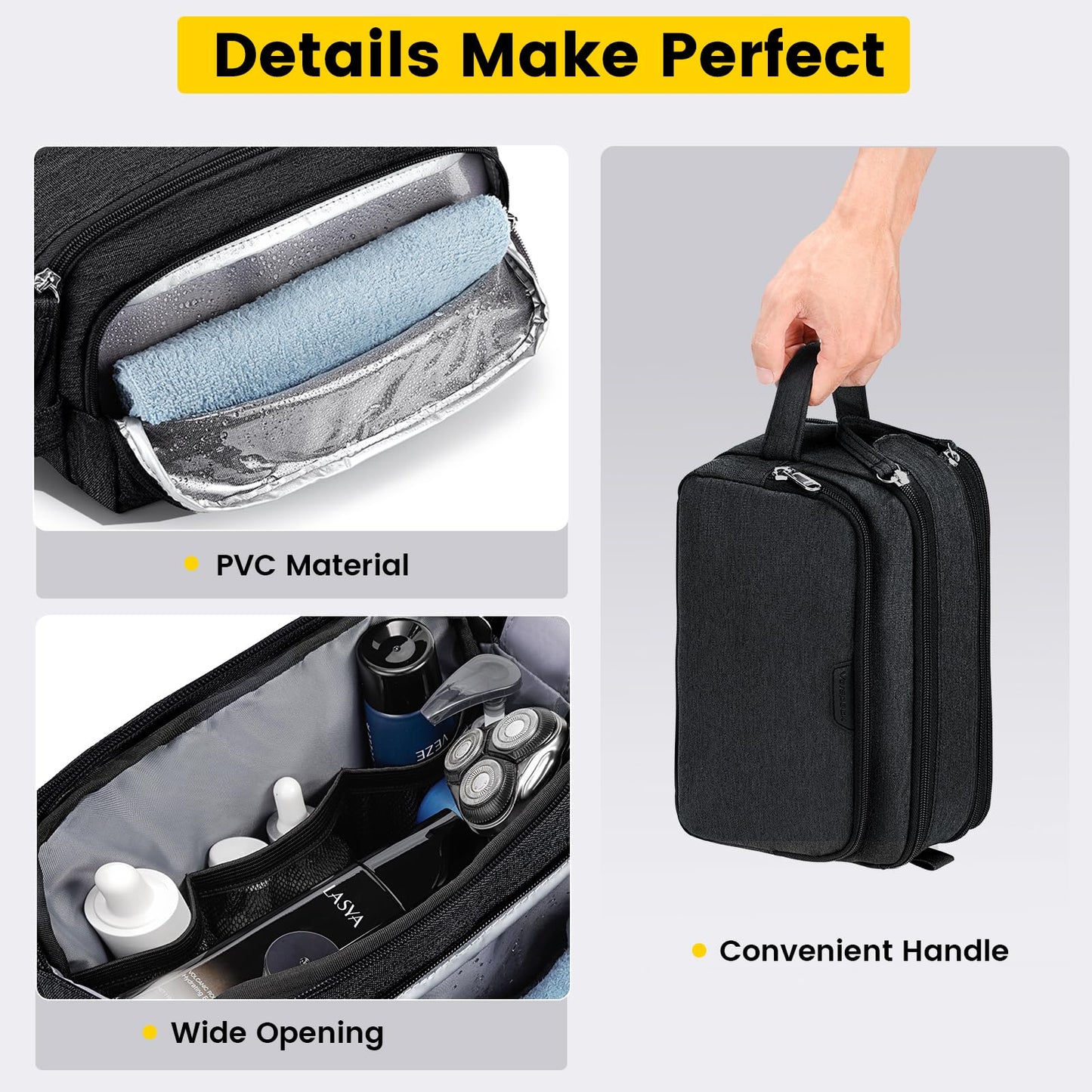 Vorspack Travel Toiletry Bag for Men - Water Resistant Mens Toiletry Travel Bag Dopp Kit Shaving Bag for Bathroom Toiletries Gifts - Grey