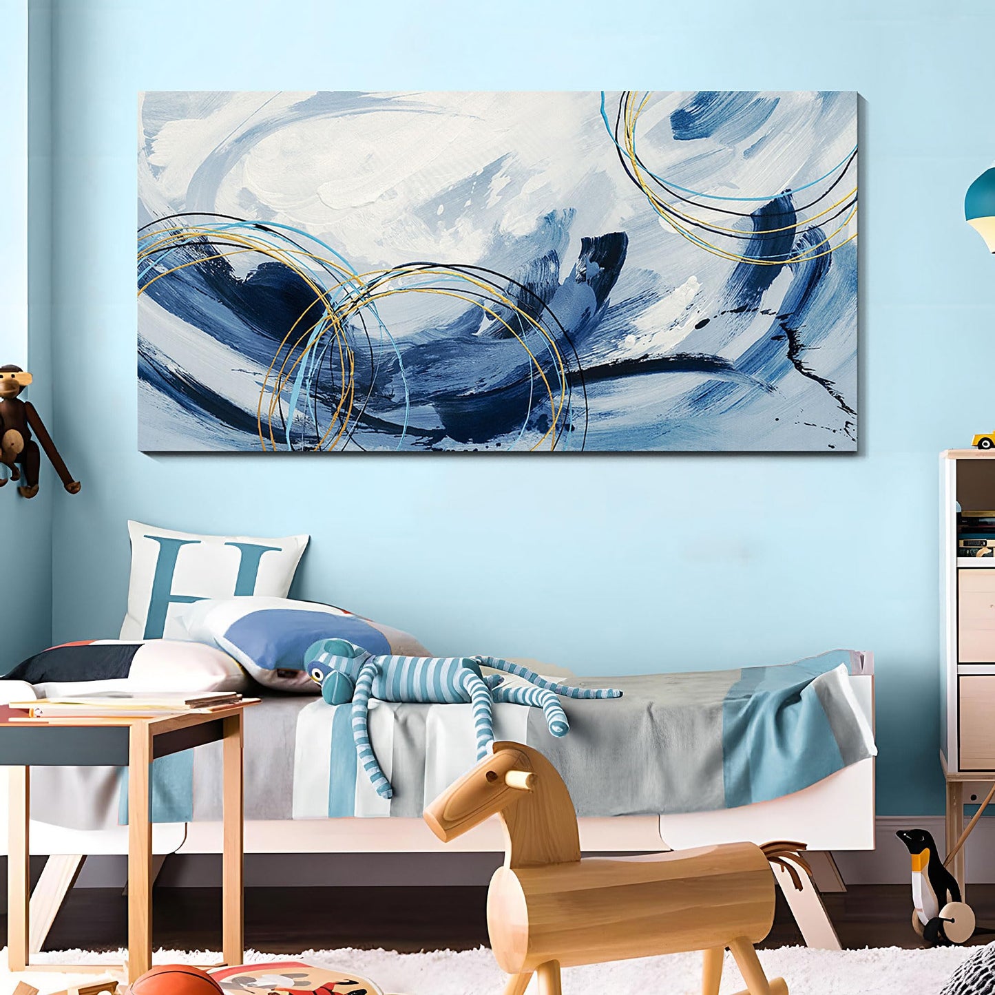 yiijeah Wall Art for Living Room - Framed Picture Artwork for Walls - Blue Wall Art 24x48 Inches Contemporary Abstract Wall Art Prints Canvas Painting Large Size Wall Art for Bedroom Office