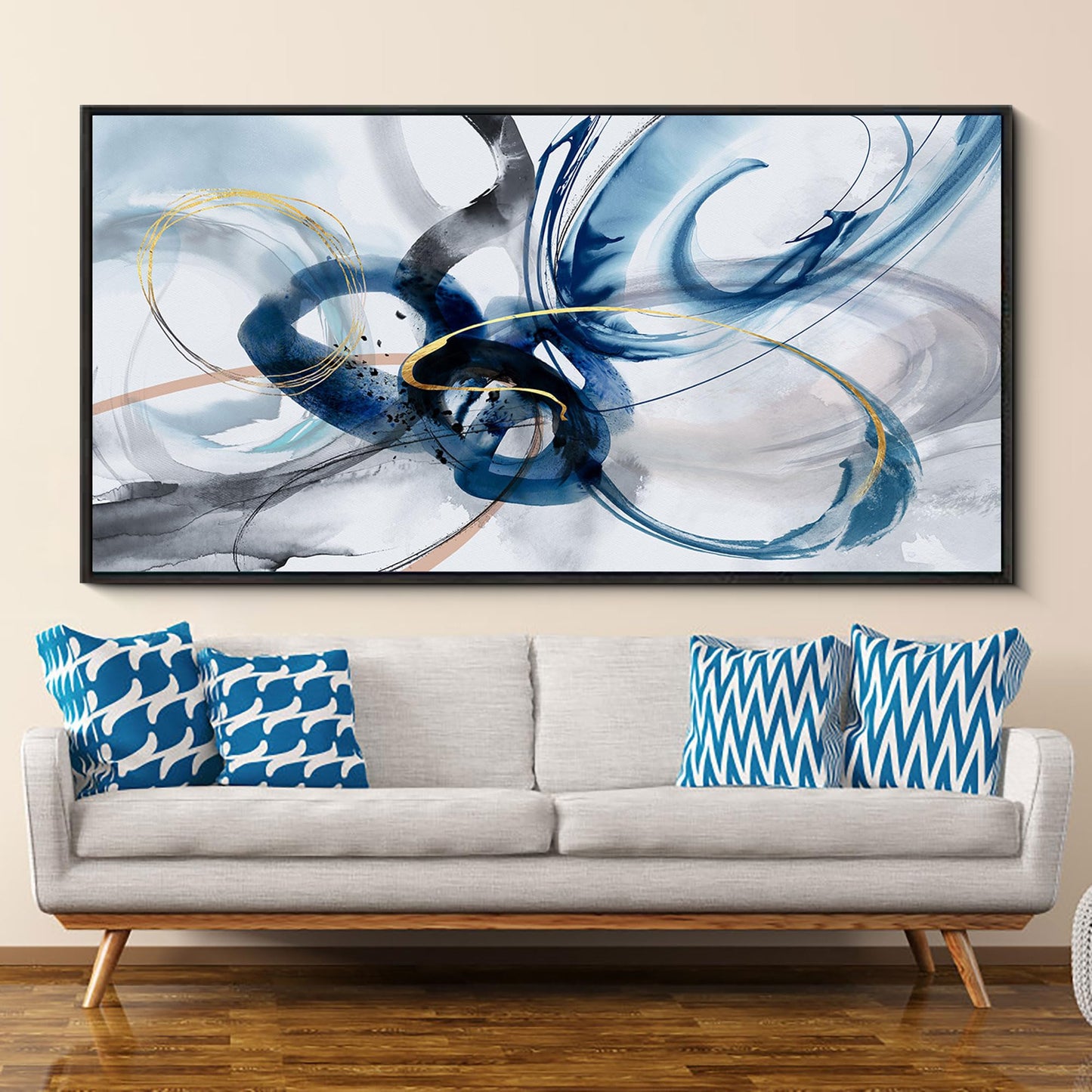 yiijeah Wall Art for Living Room - Framed Picture Artwork for Walls - Blue Wall Art 24x48 Inches Contemporary Abstract Wall Art Prints Canvas Painting Large Size Wall Art for Bedroom Office
