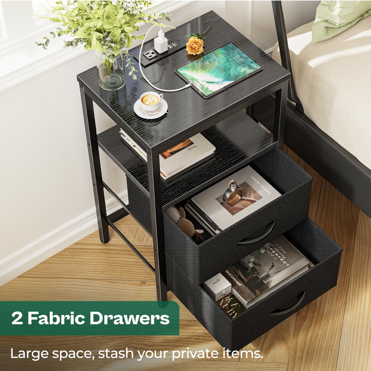 Huuger Nightstand with Charging Station, Side Table with Fabric Drawers, End Table with Open Shelf, Bedside Table with USB Ports and Outlets, Night Stand for Bedroom, Rustic Brown and Black