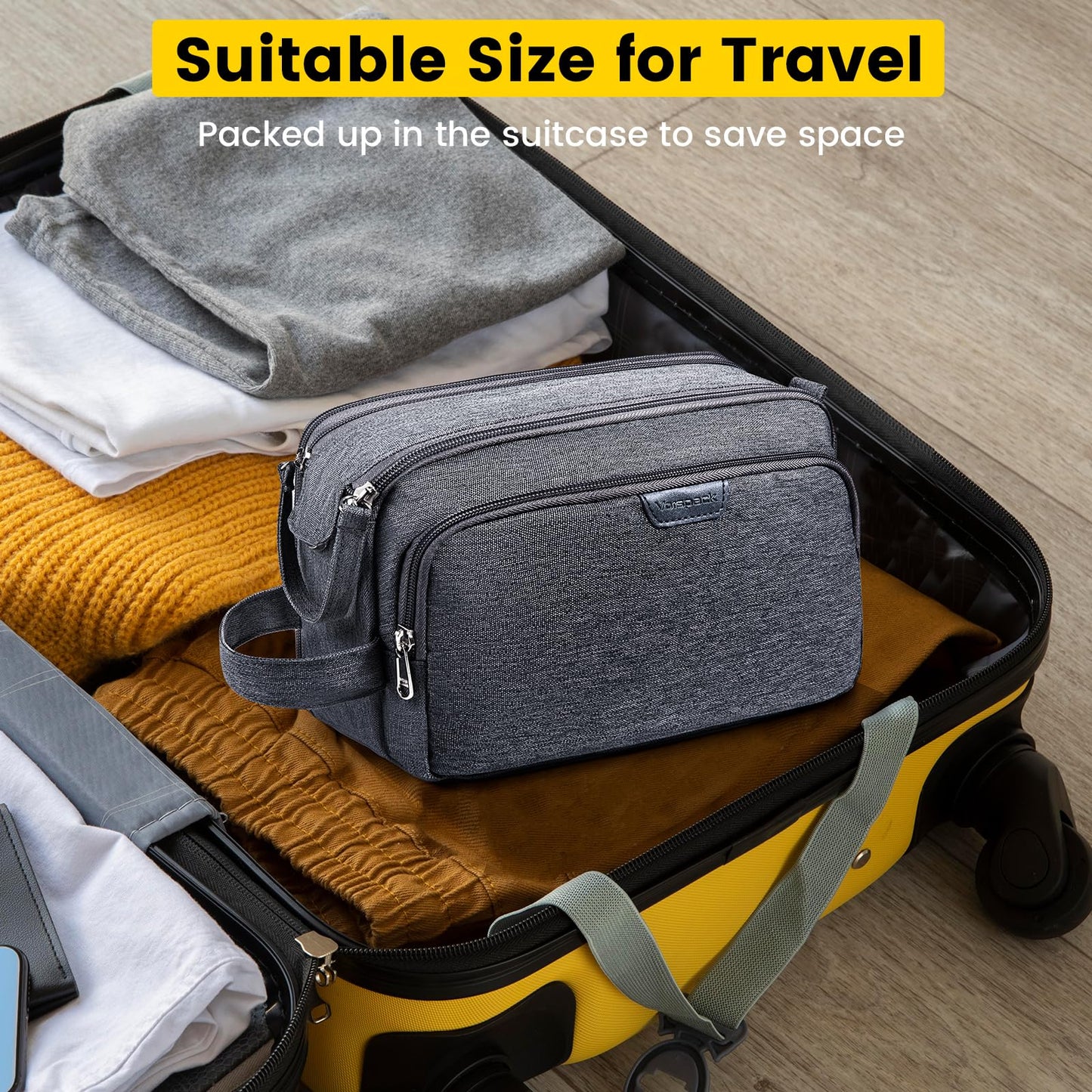 Vorspack Travel Toiletry Bag for Men - Water Resistant Mens Toiletry Travel Bag Dopp Kit Shaving Bag for Bathroom Toiletries Gifts - Grey