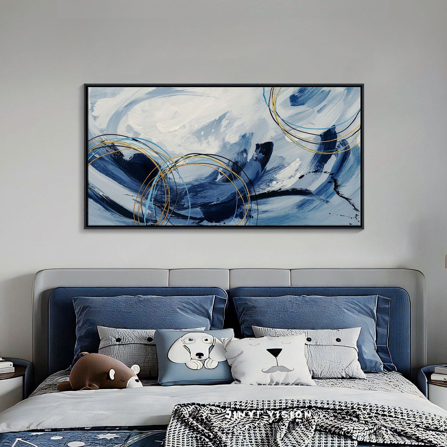 yiijeah Wall Art for Living Room - Framed Picture Artwork for Walls - Blue Wall Art 24x48 Inches Contemporary Abstract Wall Art Prints Canvas Painting Large Size Wall Art for Bedroom Office