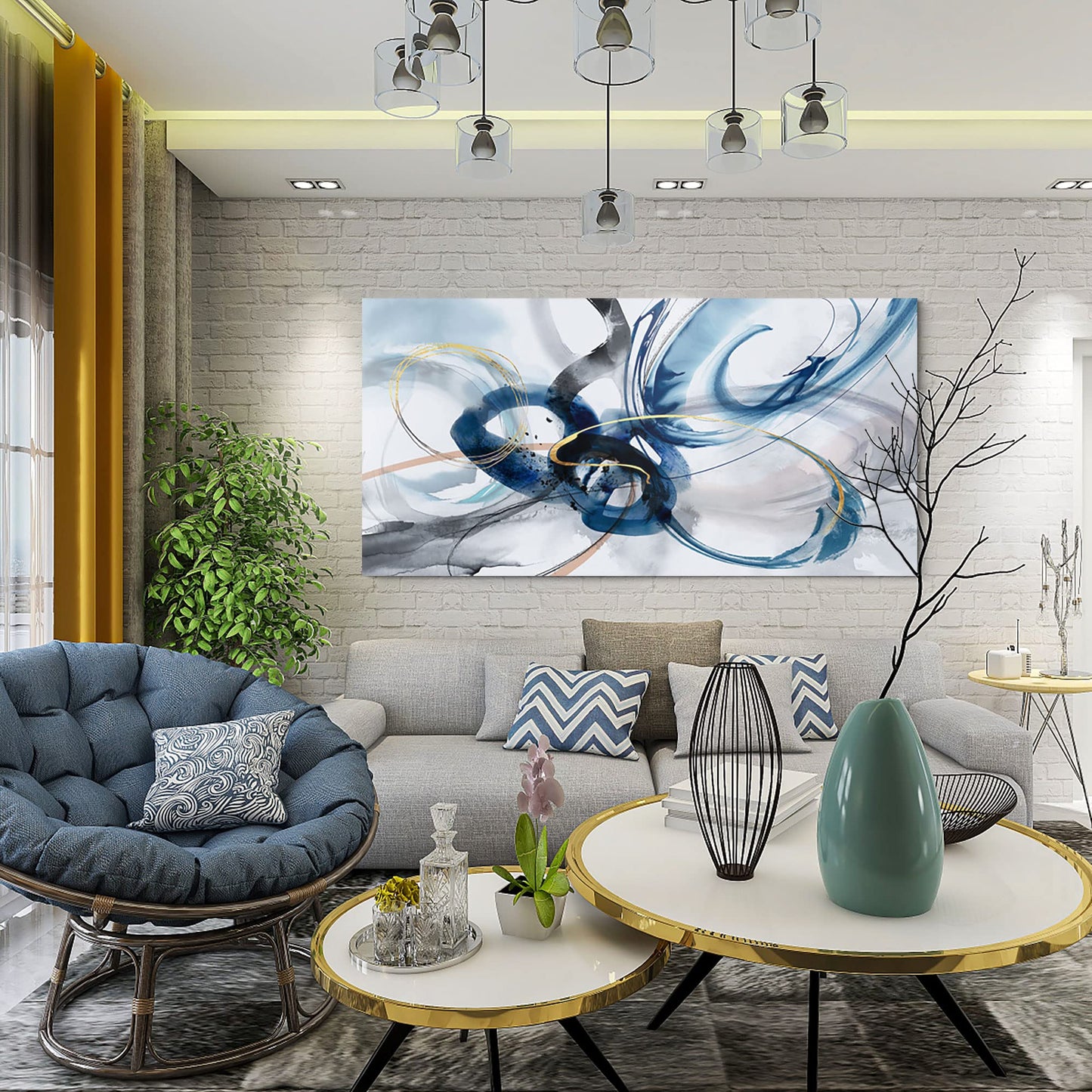 yiijeah Wall Art for Living Room - Framed Picture Artwork for Walls - Blue Wall Art 24x48 Inches Contemporary Abstract Wall Art Prints Canvas Painting Large Size Wall Art for Bedroom Office