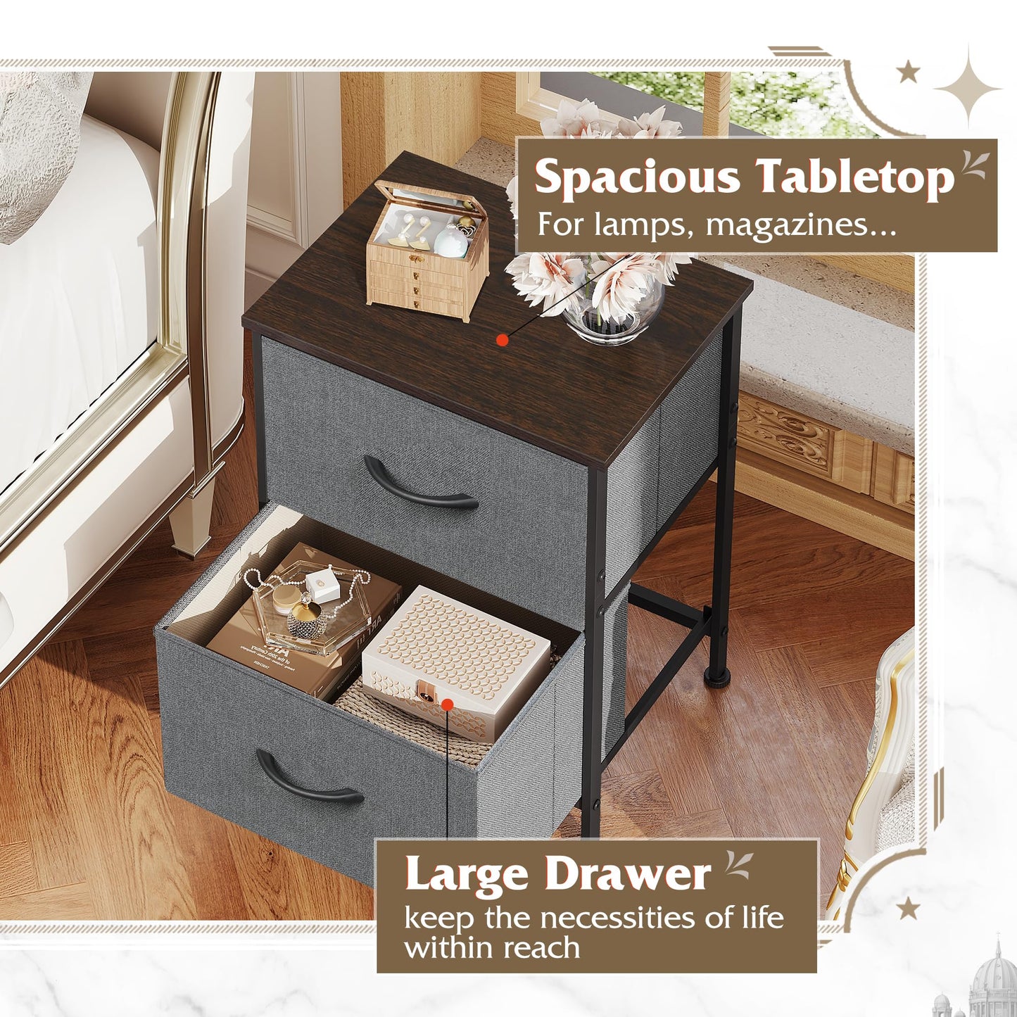 WLIVE Nightstand, 2 Drawer Dresser for Bedroom, Small Dresser with 2 Drawers, Bedside Furniture, Night Stand, End Table with Fabric Bins for Bedroom, Closet, Entryway, College Dorm, Dark Grey