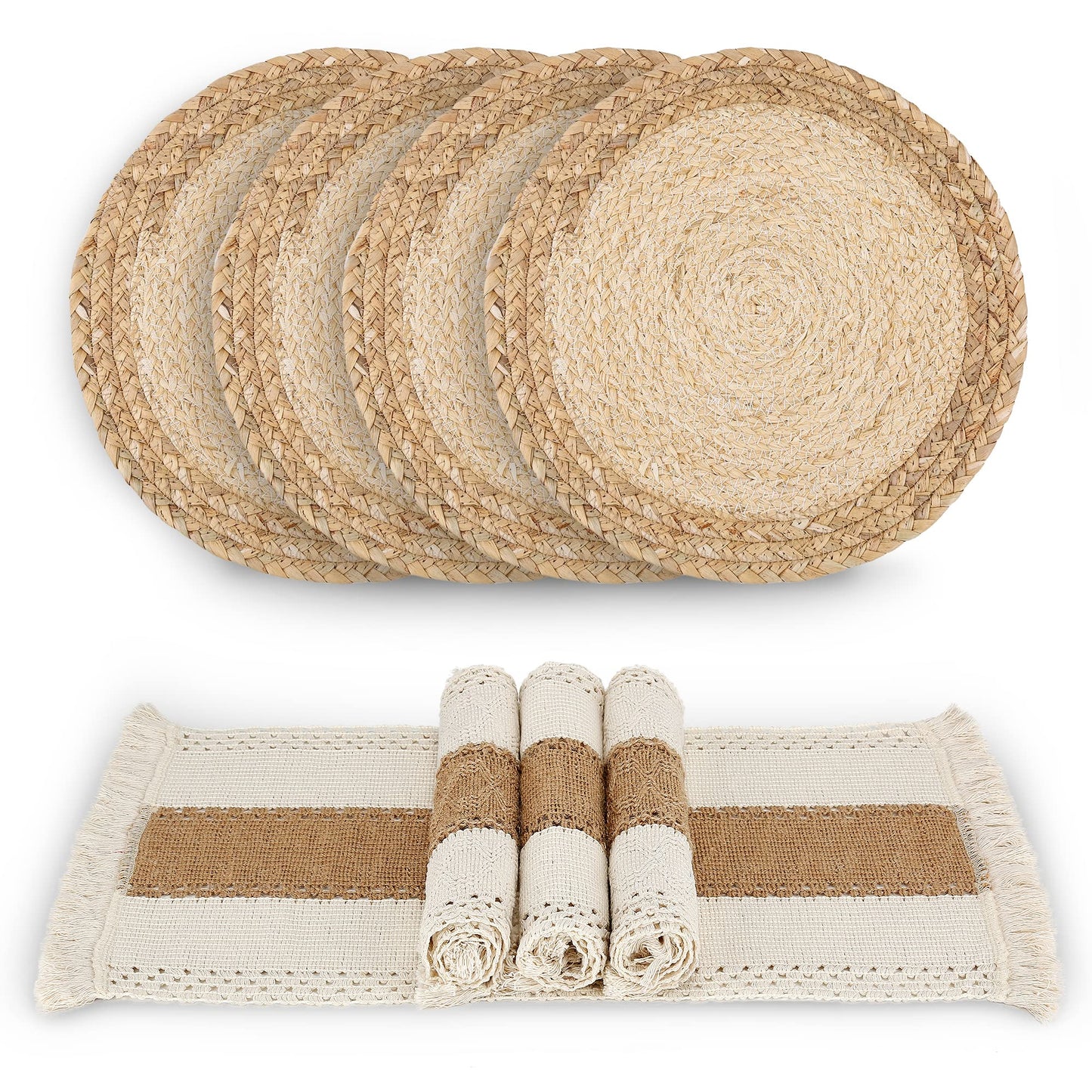Handmade Boho Placemats Set of 6 - Natural Cotton Burlap and Water Straw Woven Combination Table Mats, Macrame Décor and Farmhouse Style Placemats, for Dining Table Kitchen