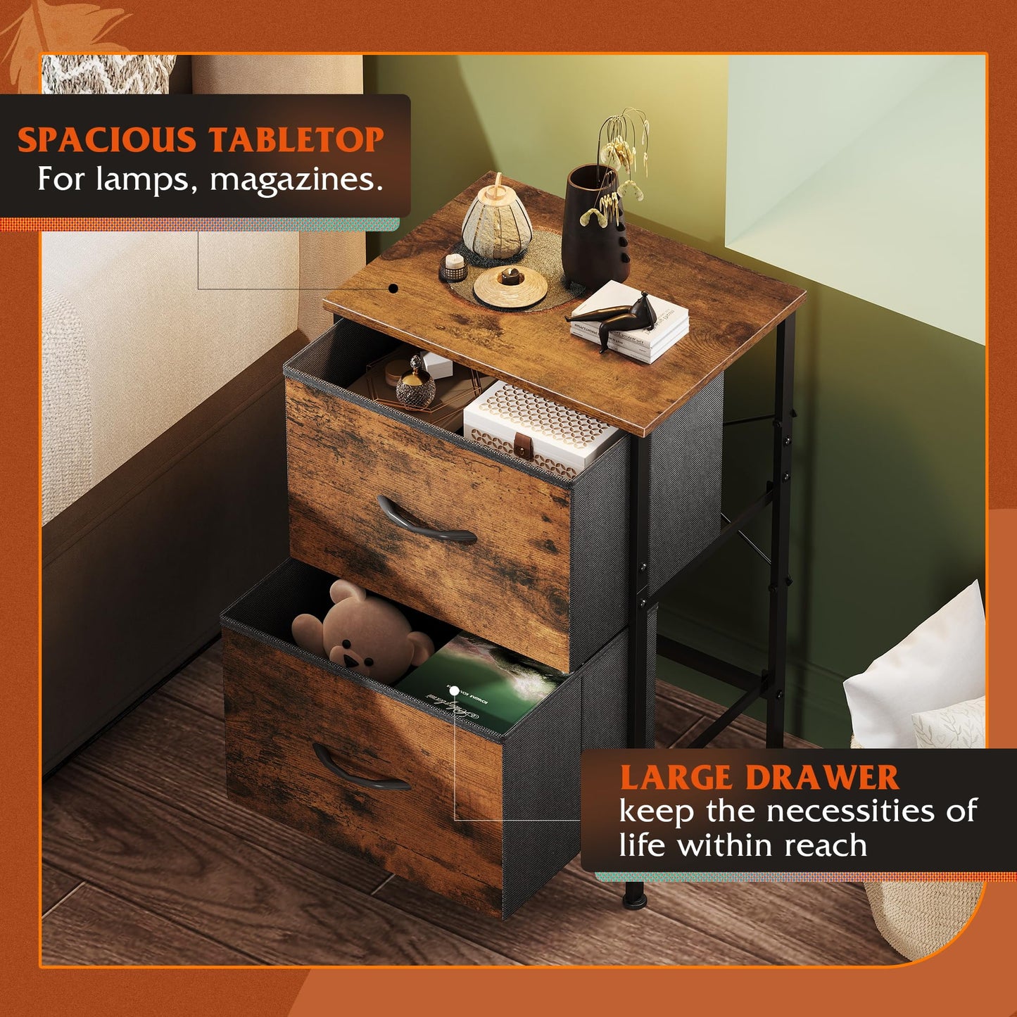 WLIVE Nightstand, 2 Drawer Dresser for Bedroom, Small Dresser with 2 Drawers, Bedside Furniture, Night Stand, End Table with Fabric Bins for Bedroom, Closet, Entryway, College Dorm, Dark Grey