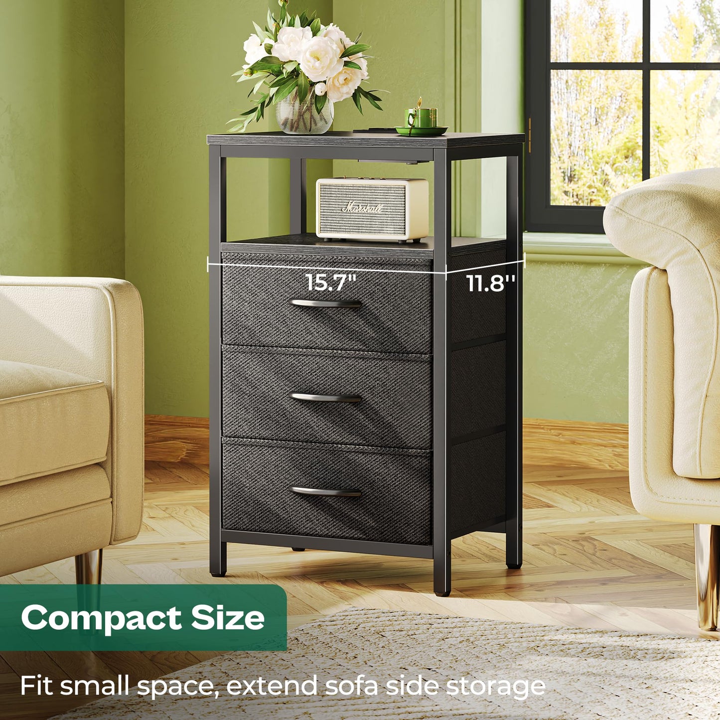 Huuger Nightstand with Charging Station, Side Table with Fabric Drawers, End Table with Open Shelf, Bedside Table with USB Ports and Outlets, Night Stand for Bedroom, Rustic Brown and Black