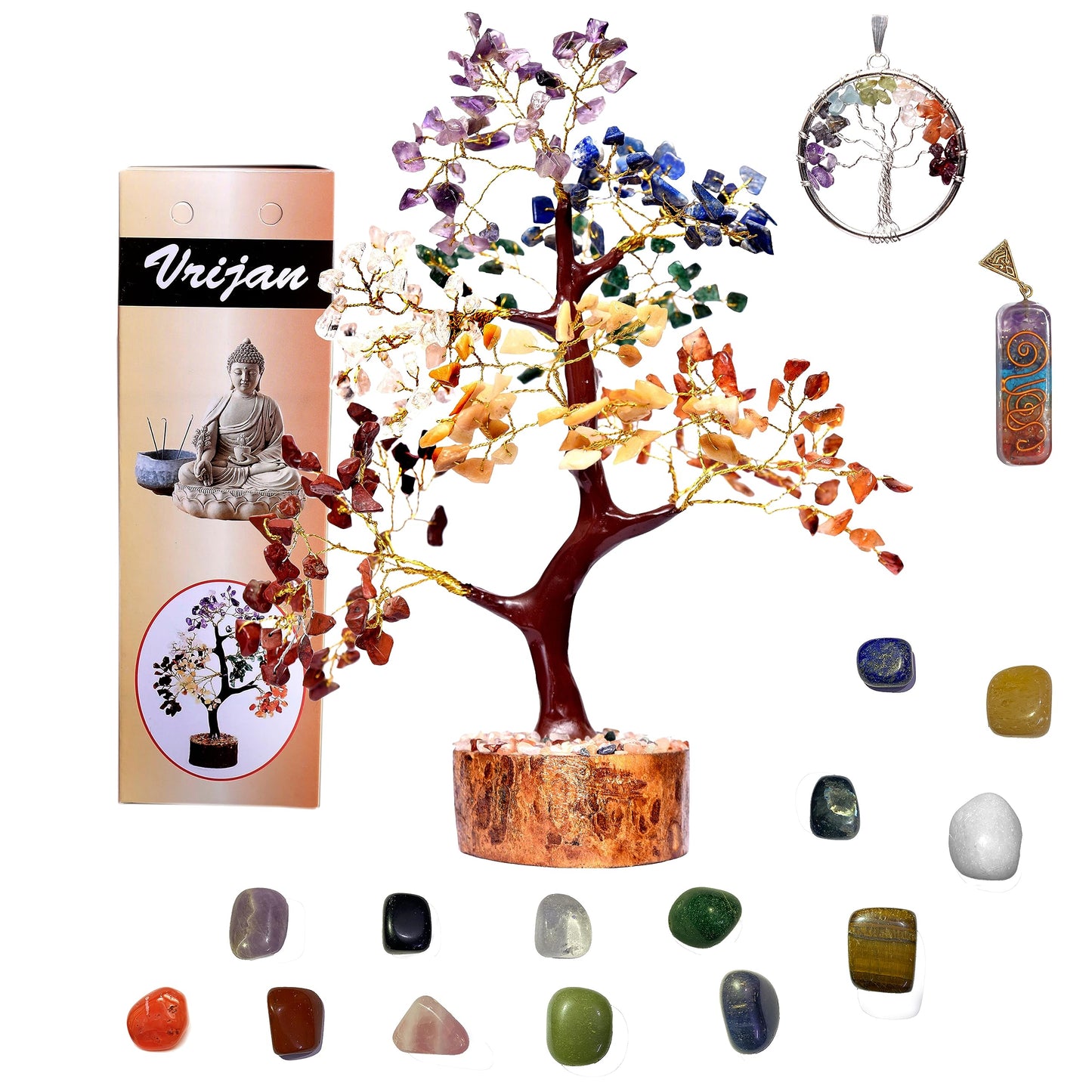 Crystal Tree. Crystals and Healing Stones.Spiritual Gifts for Women.With14 Natural Tumbled Stone Orgone Pendant and Tree of Life