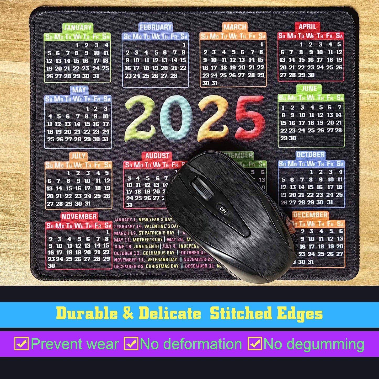 Mouse Pad with Stitched Edge, Computer Mouse Pad with Non-Slip Rubber Base, Mouse Pads for Computers Laptop Mouse 9.6x7.9x0.1 inch, (2025 Calendar Black)
