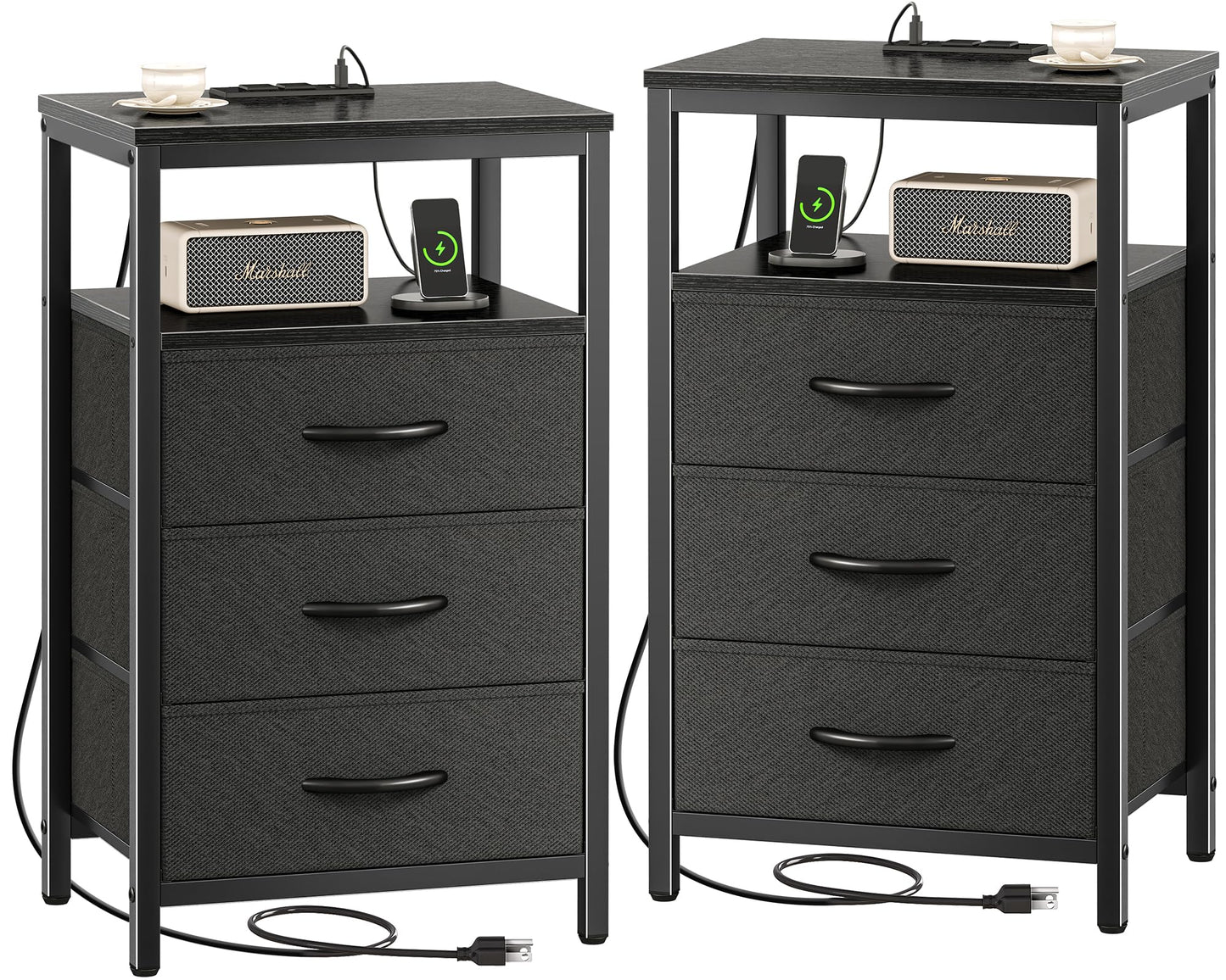 Huuger Nightstand with Charging Station, Side Table with Fabric Drawers, End Table with Open Shelf, Bedside Table with USB Ports and Outlets, Night Stand for Bedroom, Rustic Brown and Black