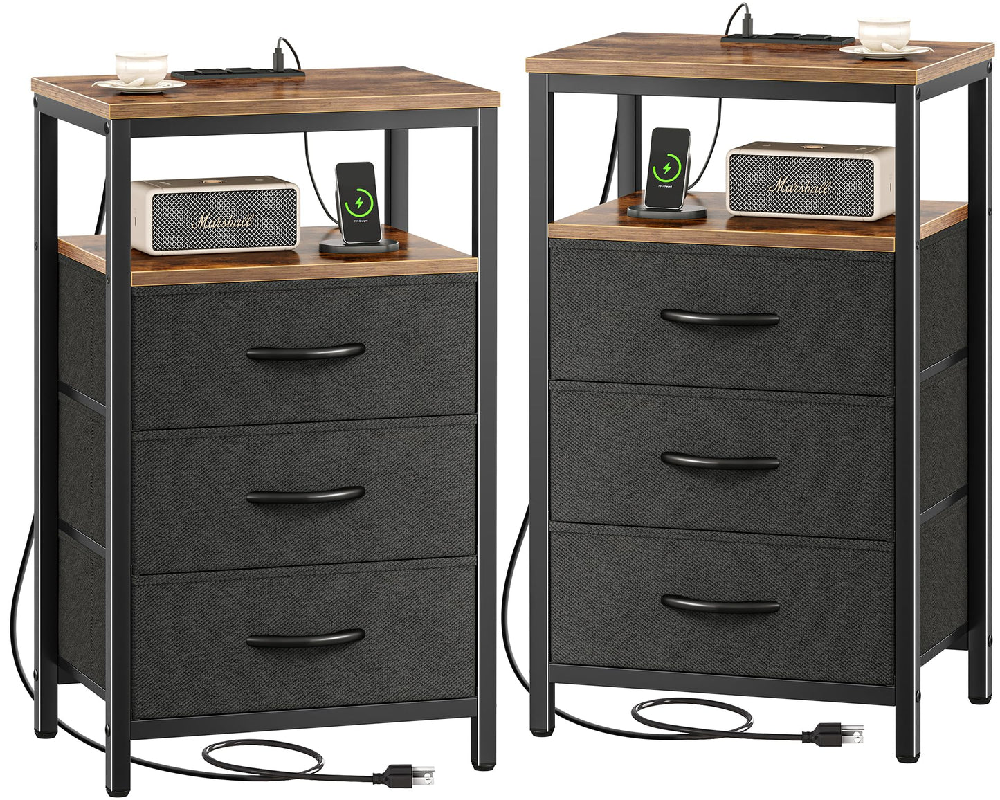 Huuger Nightstand with Charging Station, Side Table with Fabric Drawers, End Table with Open Shelf, Bedside Table with USB Ports and Outlets, Night Stand for Bedroom, Rustic Brown and Black