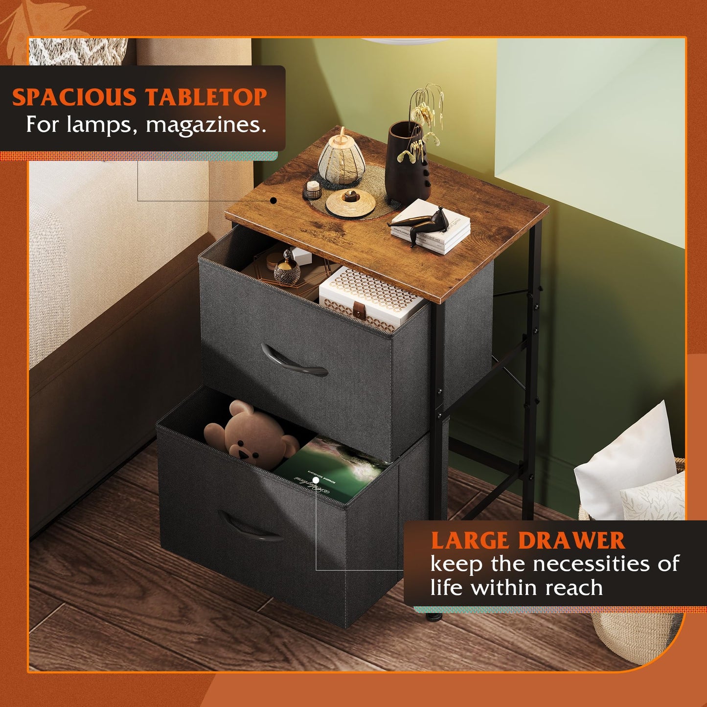 WLIVE Nightstand, 2 Drawer Dresser for Bedroom, Small Dresser with 2 Drawers, Bedside Furniture, Night Stand, End Table with Fabric Bins for Bedroom, Closet, Entryway, College Dorm, Dark Grey