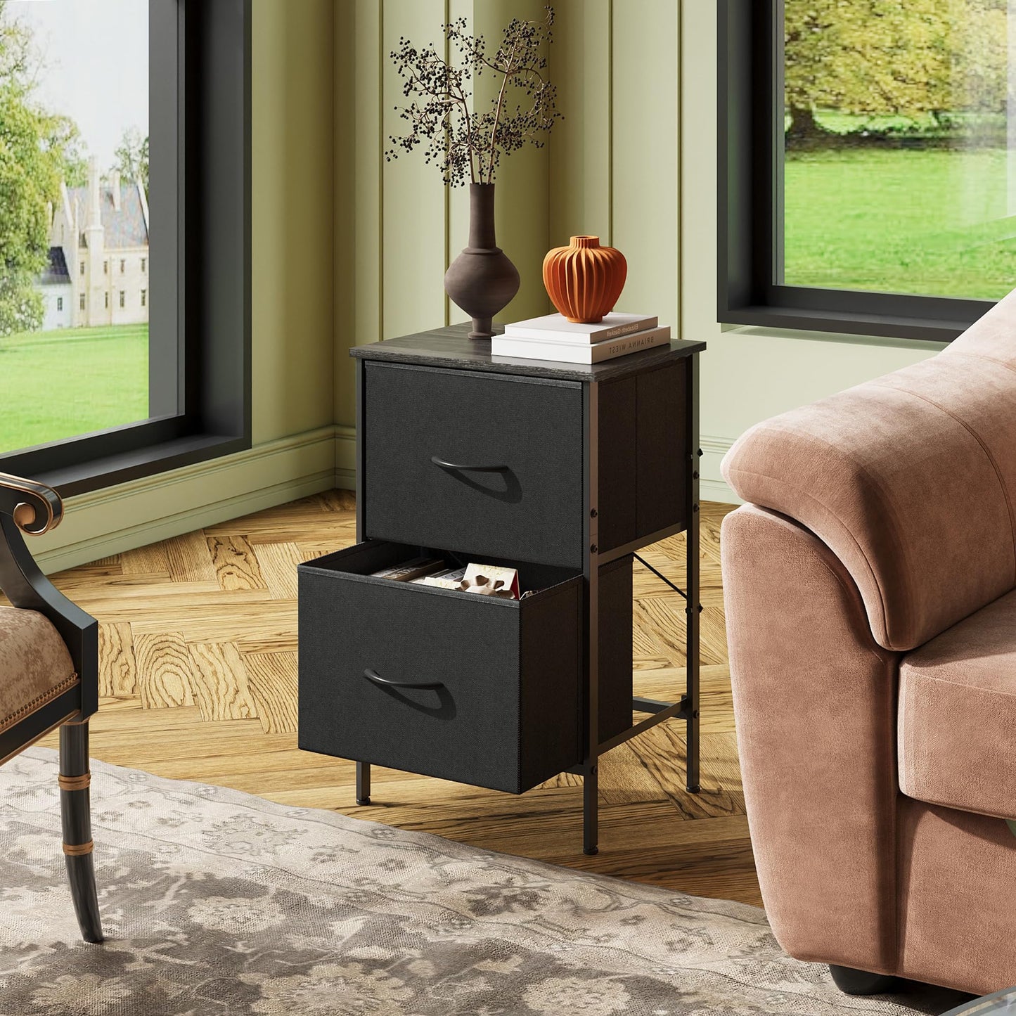 WLIVE Nightstand, 2 Drawer Dresser for Bedroom, Small Dresser with 2 Drawers, Bedside Furniture, Night Stand, End Table with Fabric Bins for Bedroom, Closet, Entryway, College Dorm, Dark Grey