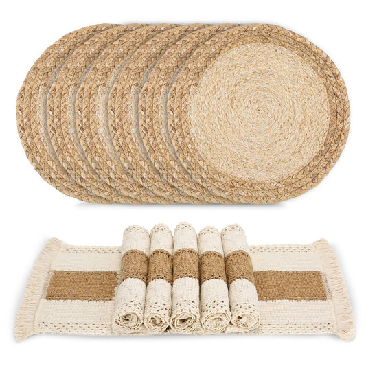 Handmade Boho Placemats Set of 6 - Natural Cotton Burlap and Water Straw Woven Combination Table Mats, Macrame Décor and Farmhouse Style Placemats, for Dining Table Kitchen