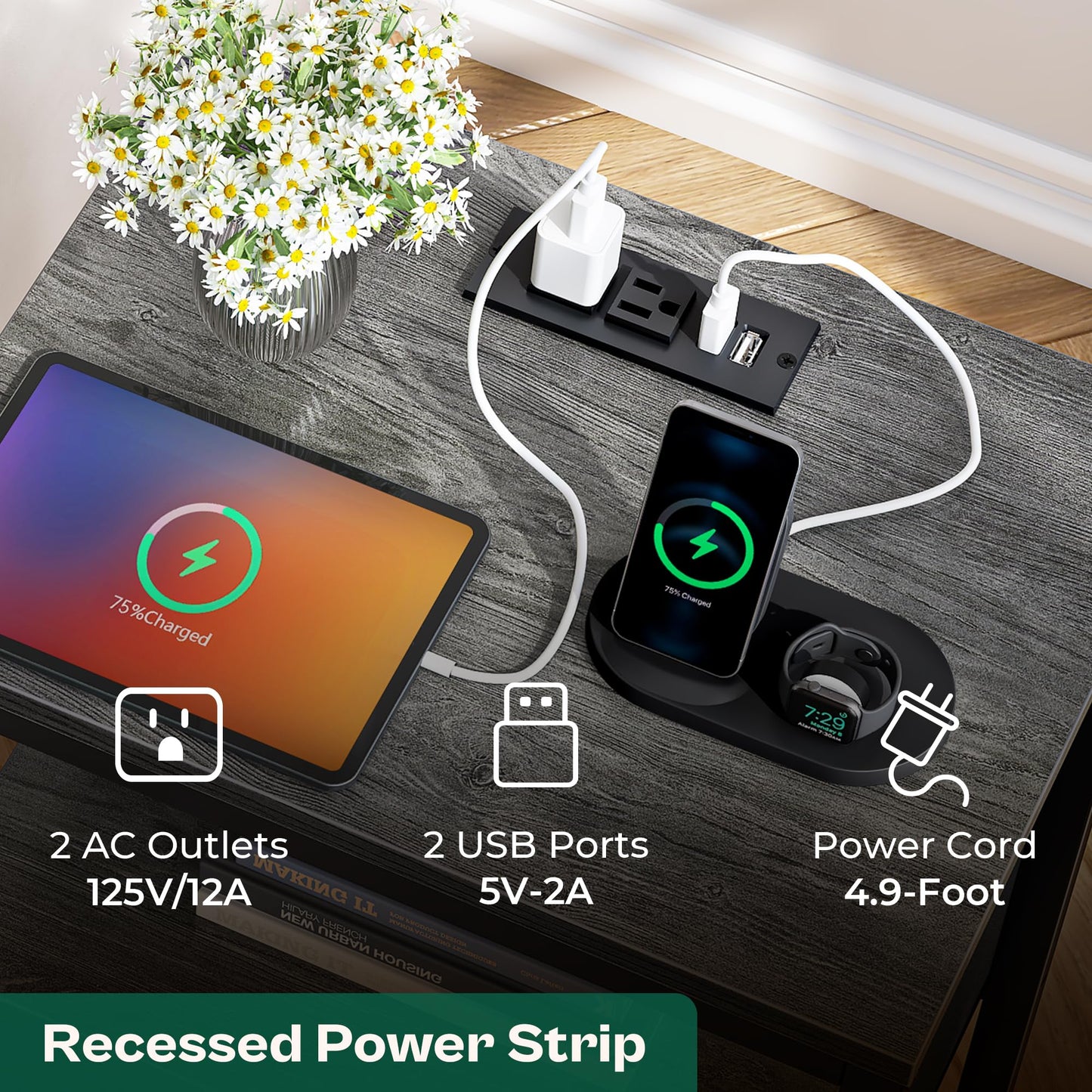 Huuger Nightstand with Charging Station, Side Table with Fabric Drawers, End Table with Open Shelf, Bedside Table with USB Ports and Outlets, Night Stand for Bedroom, Rustic Brown and Black