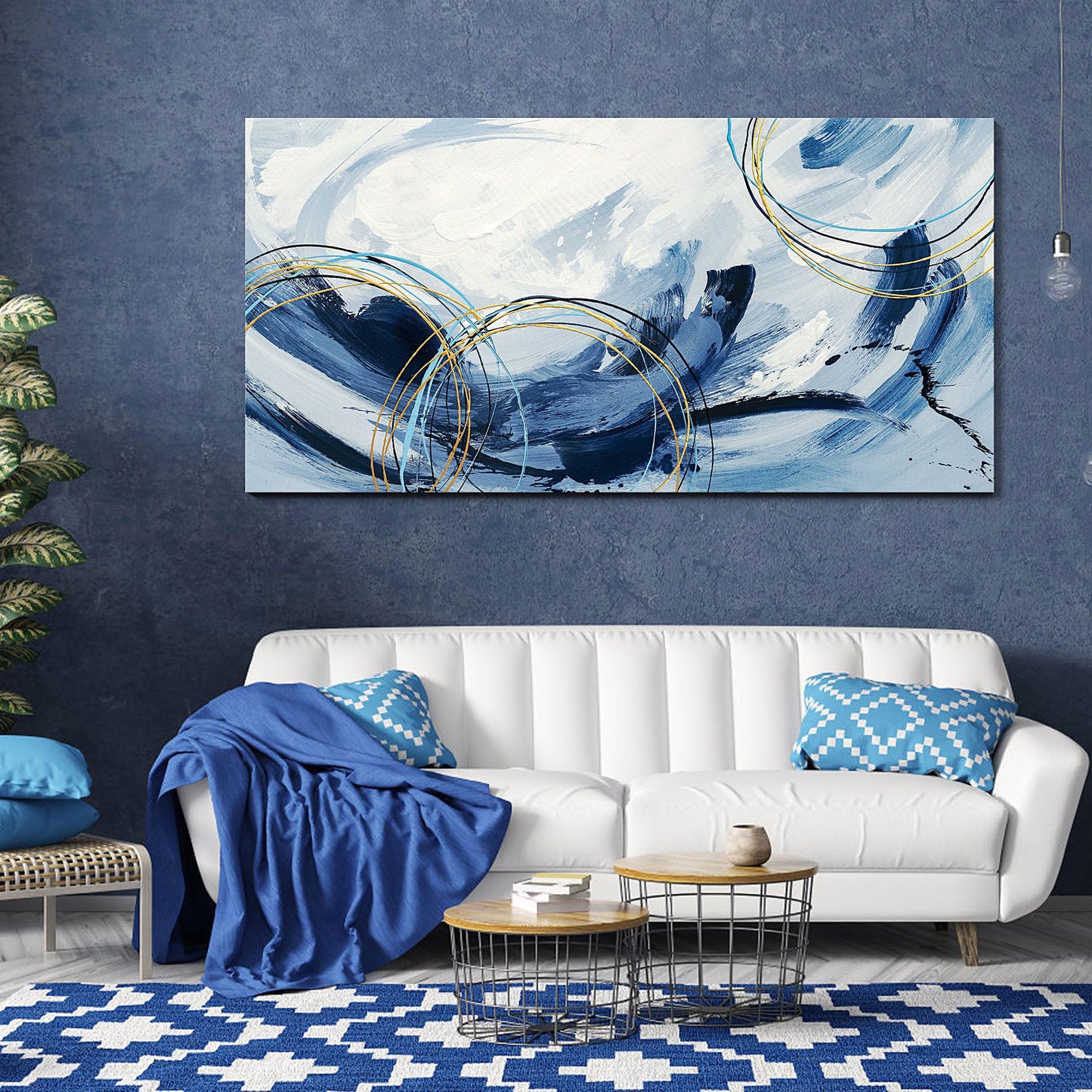 yiijeah Wall Art for Living Room - Framed Picture Artwork for Walls - Blue Wall Art 24x48 Inches Contemporary Abstract Wall Art Prints Canvas Painting Large Size Wall Art for Bedroom Office