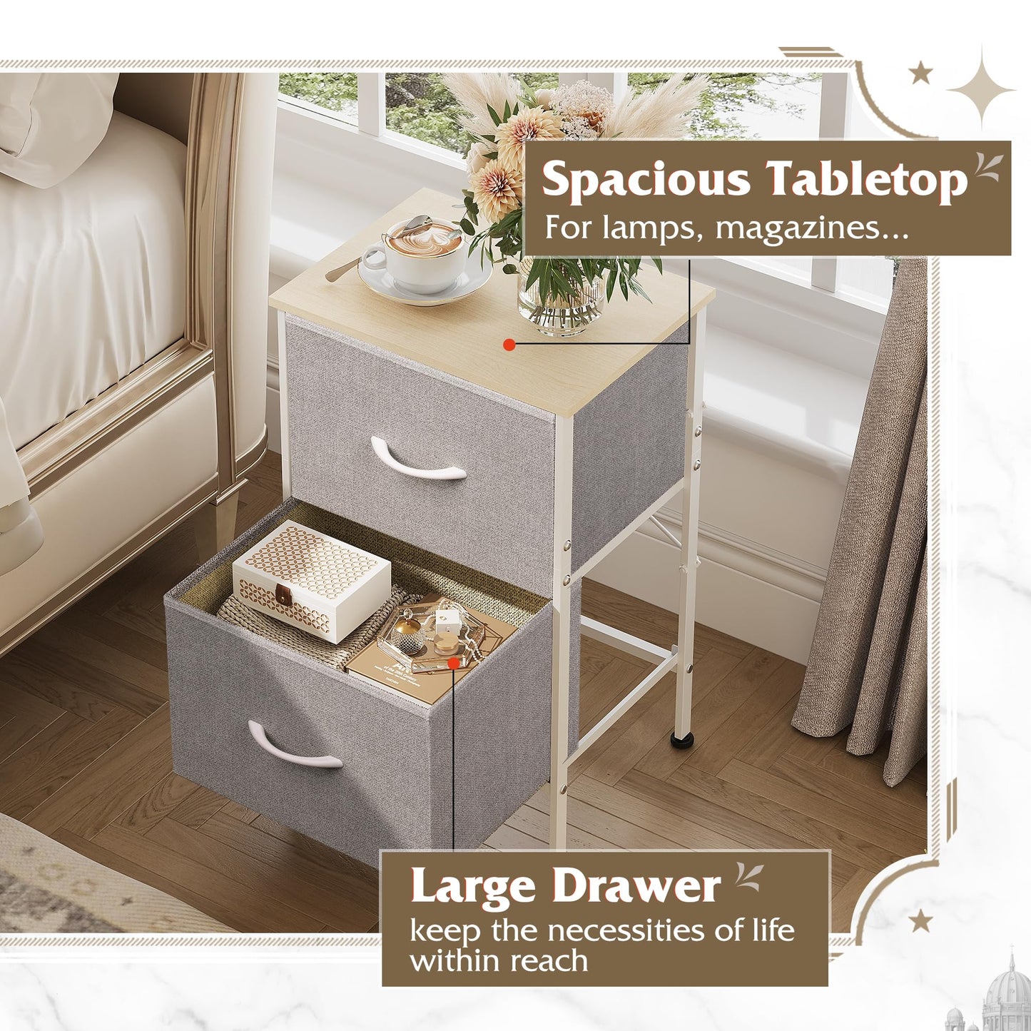 WLIVE Nightstand, 2 Drawer Dresser for Bedroom, Small Dresser with 2 Drawers, Bedside Furniture, Night Stand, End Table with Fabric Bins for Bedroom, Closet, Entryway, College Dorm, Dark Grey