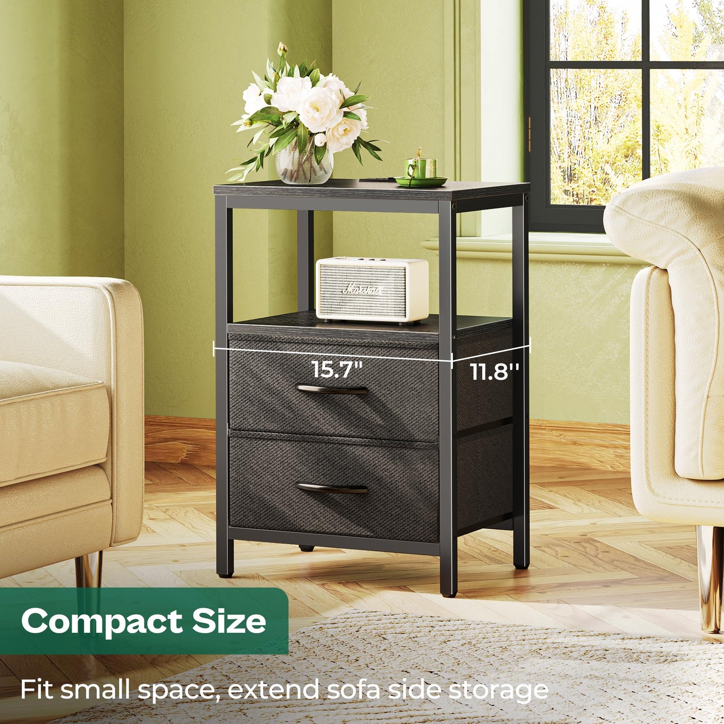 Huuger Nightstand with Charging Station, Side Table with Fabric Drawers, End Table with Open Shelf, Bedside Table with USB Ports and Outlets, Night Stand for Bedroom, Rustic Brown and Black