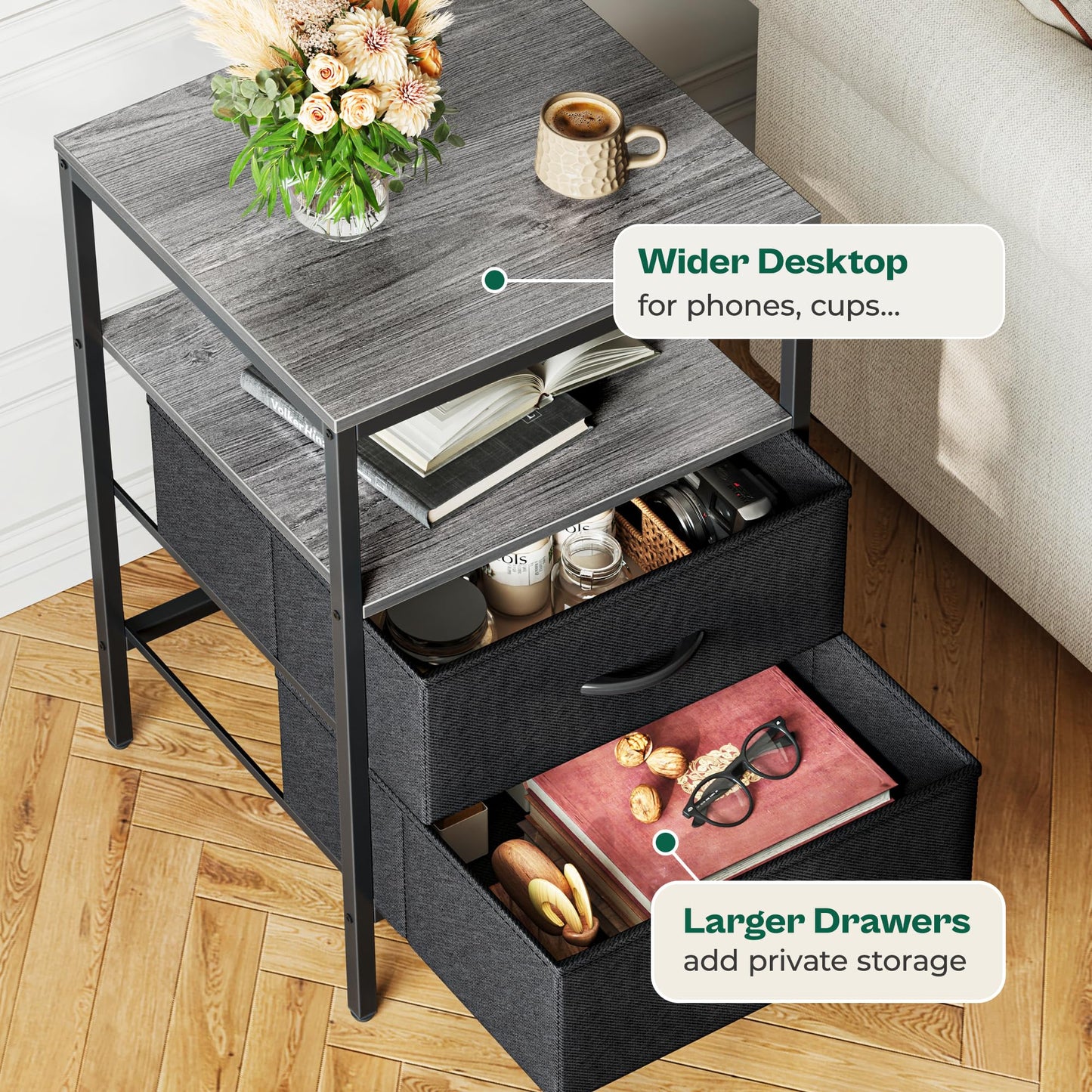 Huuger Nightstand with Charging Station, Side Table with Fabric Drawers, End Table with Open Shelf, Bedside Table with USB Ports and Outlets, Night Stand for Bedroom, Rustic Brown and Black