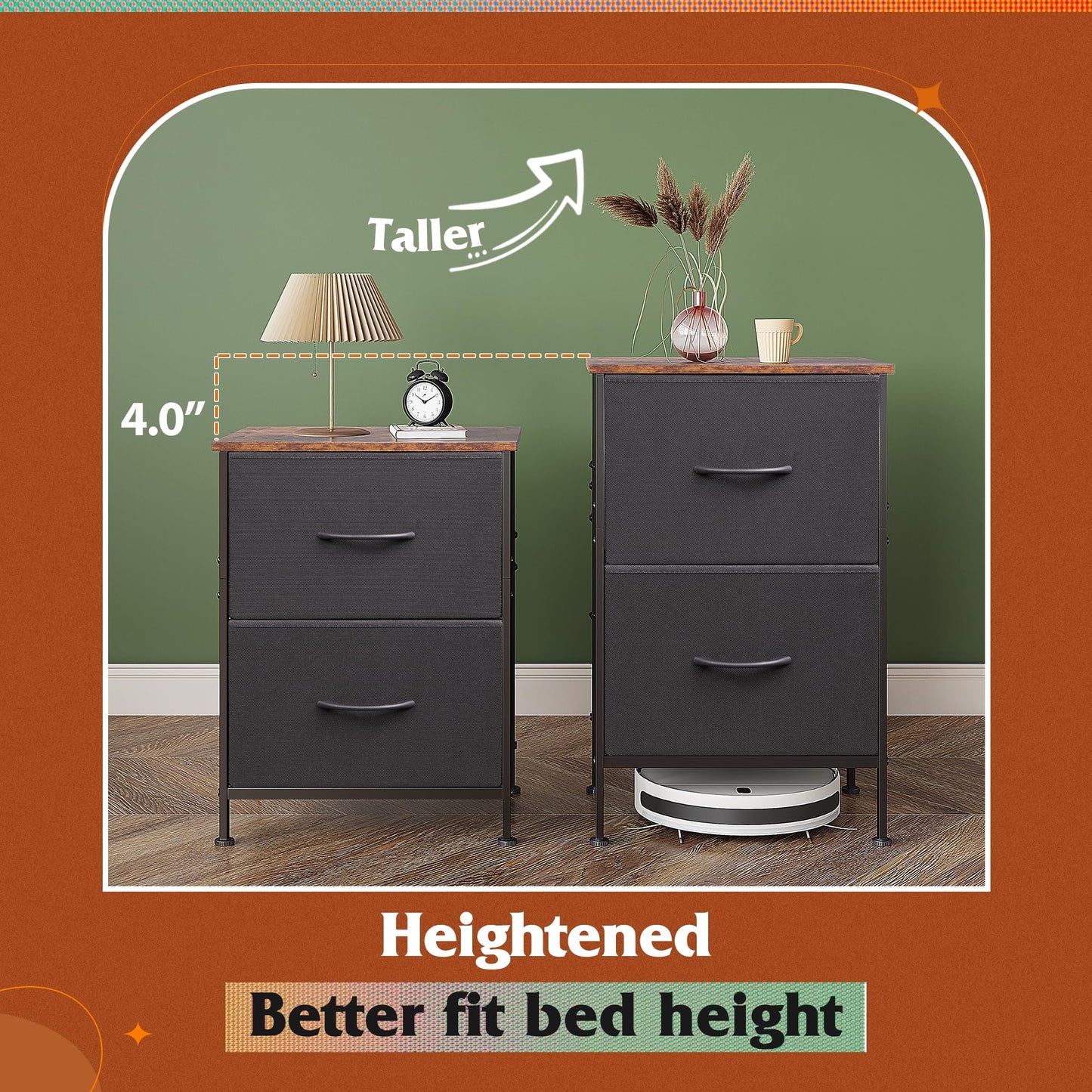 WLIVE Nightstand, 2 Drawer Dresser for Bedroom, Small Dresser with 2 Drawers, Bedside Furniture, Night Stand, End Table with Fabric Bins for Bedroom, Closet, Entryway, College Dorm, Dark Grey