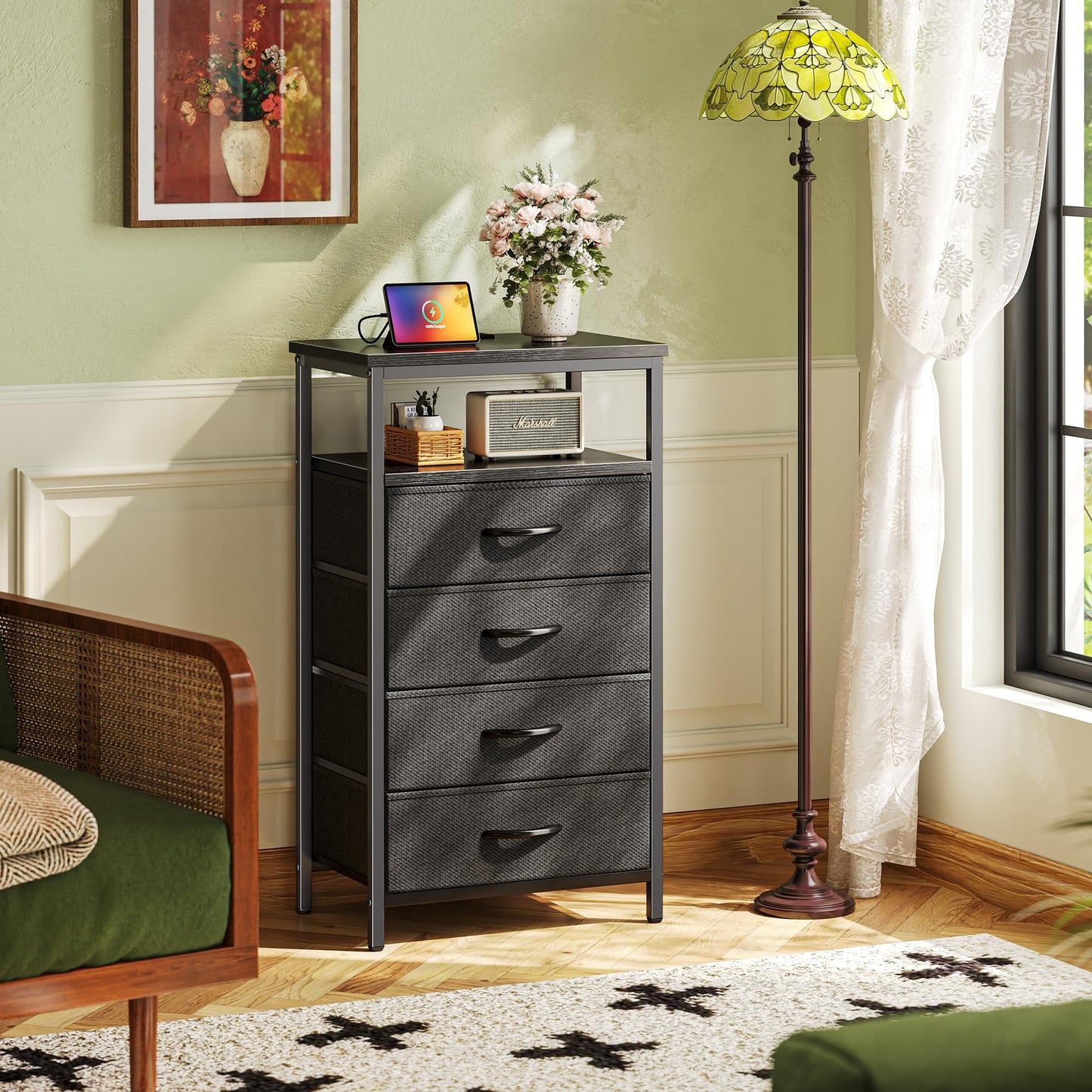 Huuger Nightstand with Charging Station, Side Table with Fabric Drawers, End Table with Open Shelf, Bedside Table with USB Ports and Outlets, Night Stand for Bedroom, Rustic Brown and Black