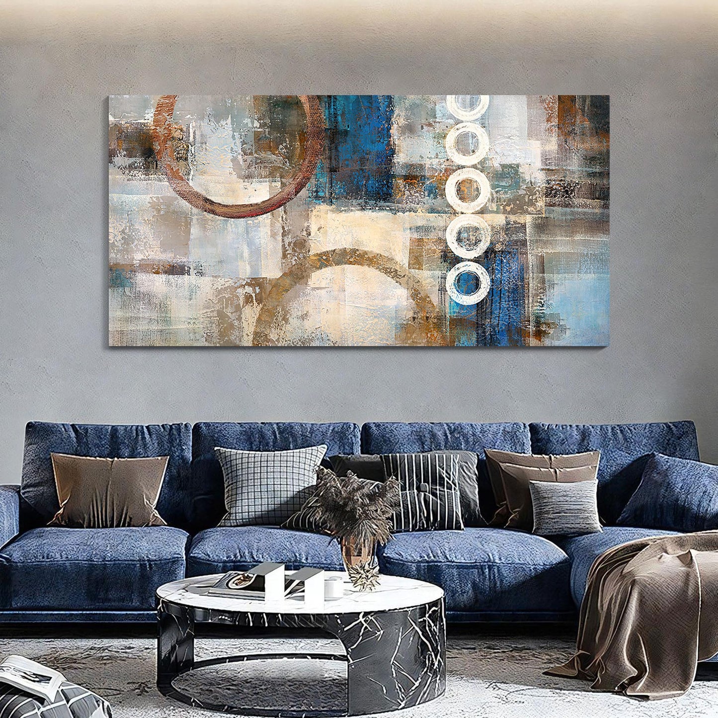 yiijeah Wall Art for Living Room - Framed Picture Artwork for Walls - Blue Wall Art 24x48 Inches Contemporary Abstract Wall Art Prints Canvas Painting Large Size Wall Art for Bedroom Office