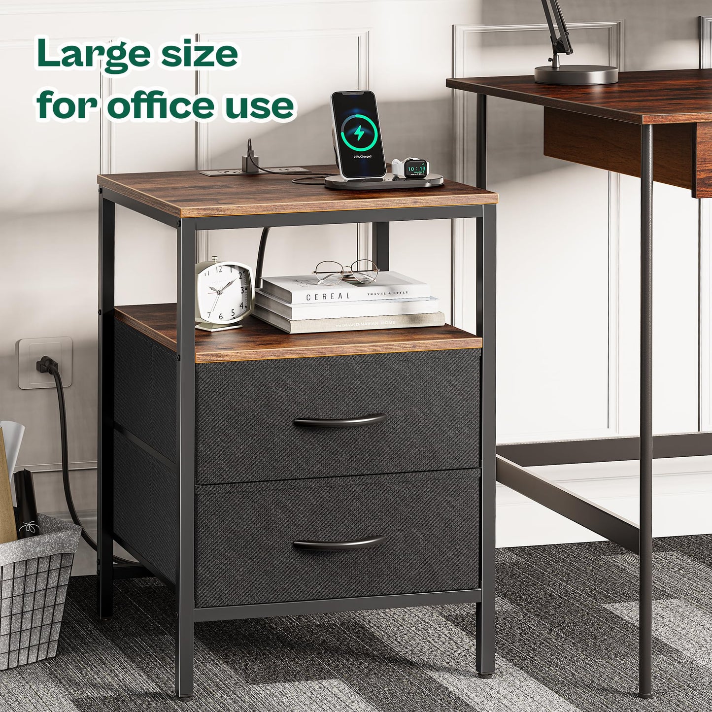 Huuger Nightstand with Charging Station, Side Table with Fabric Drawers, End Table with Open Shelf, Bedside Table with USB Ports and Outlets, Night Stand for Bedroom, Rustic Brown and Black