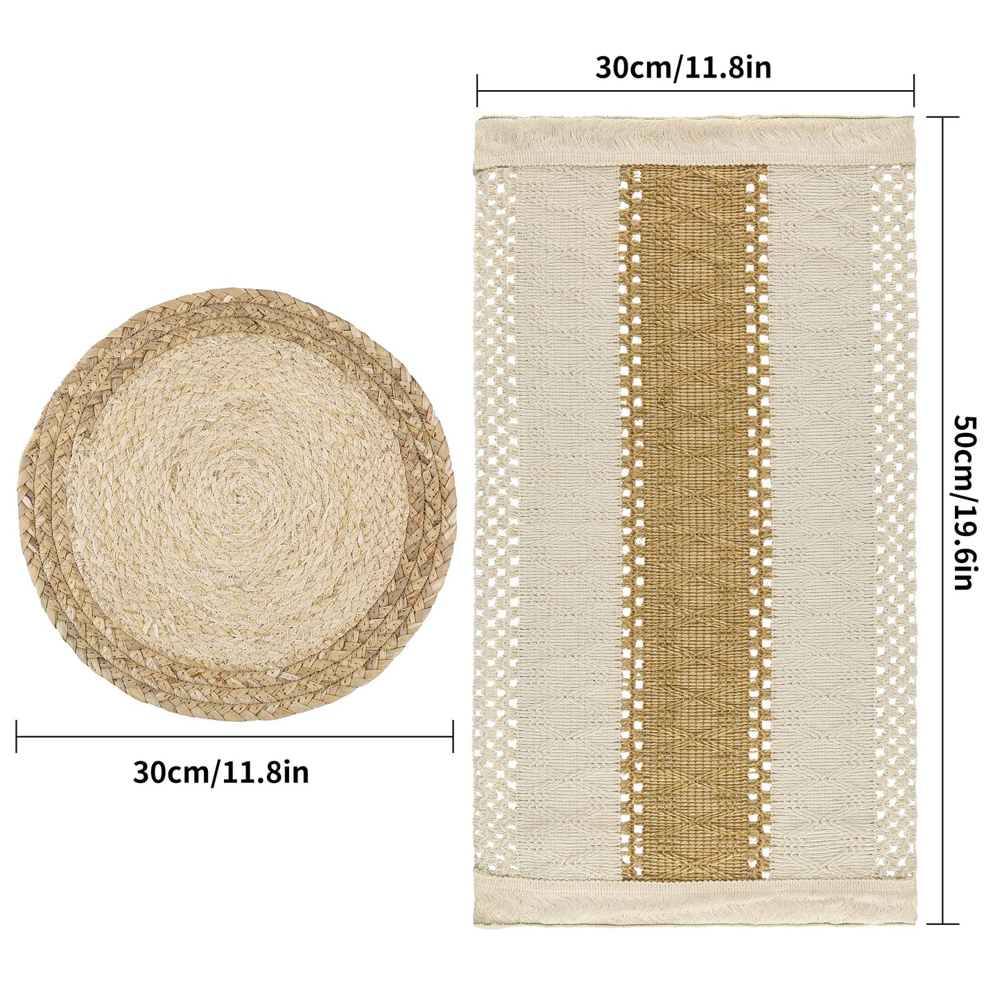 Handmade Boho Placemats Set of 6 - Natural Cotton Burlap and Water Straw Woven Combination Table Mats, Macrame Décor and Farmhouse Style Placemats, for Dining Table Kitchen