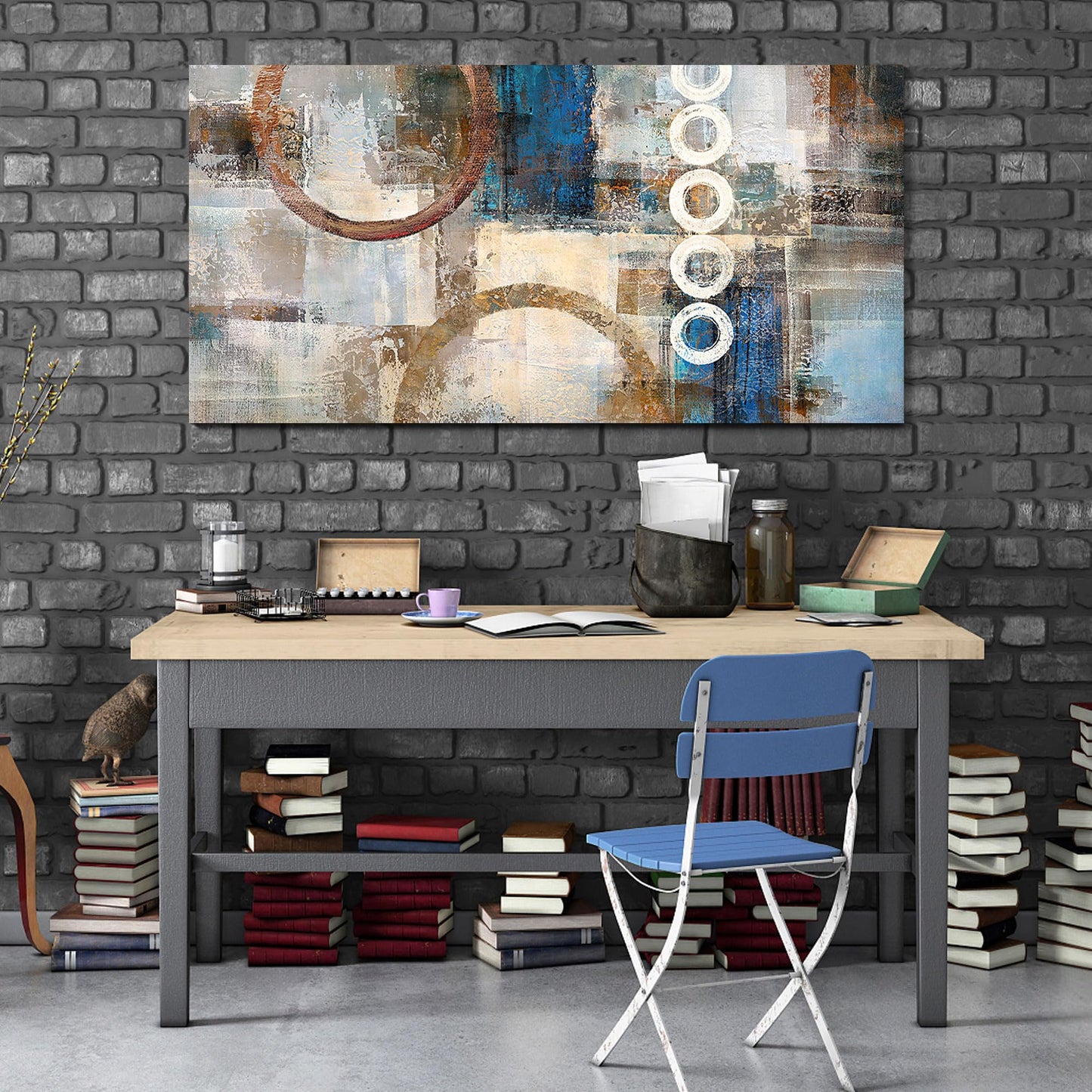 yiijeah Wall Art for Living Room - Framed Picture Artwork for Walls - Blue Wall Art 24x48 Inches Contemporary Abstract Wall Art Prints Canvas Painting Large Size Wall Art for Bedroom Office