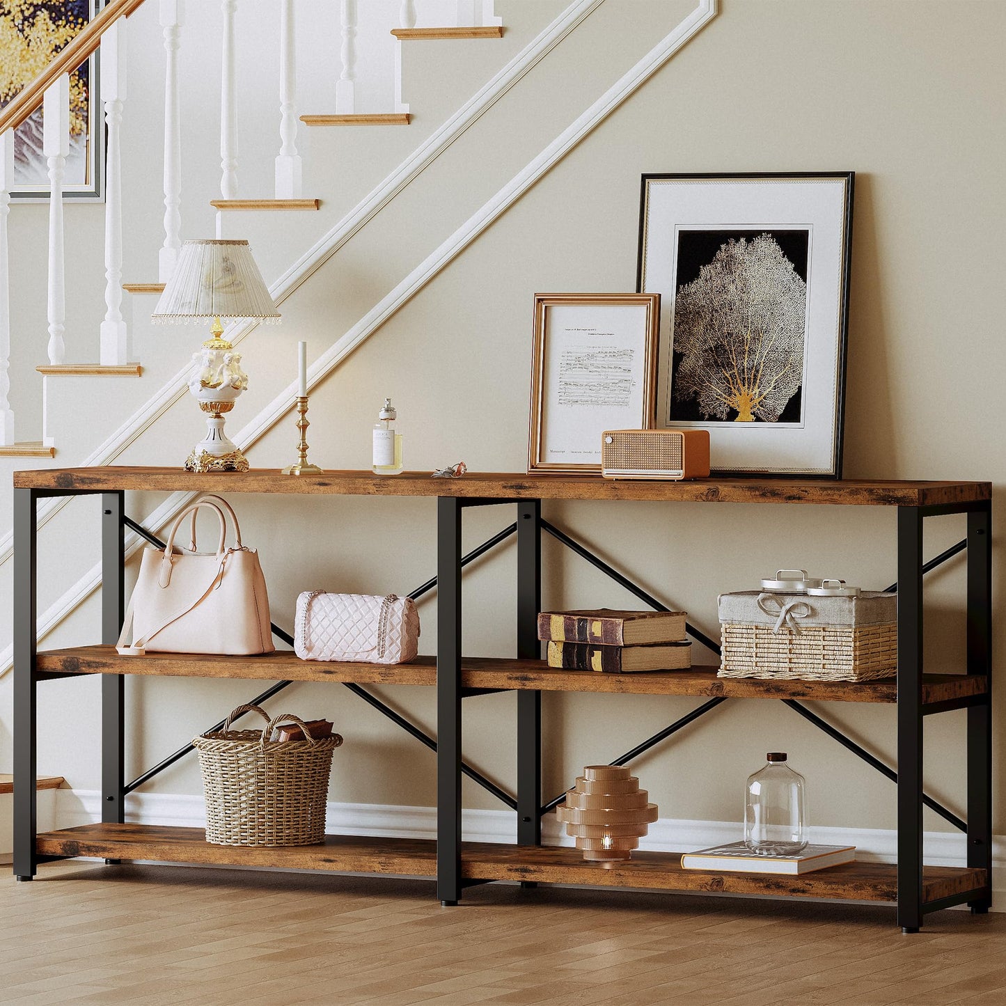 IRONCK Rustic Entryway Console Table, Long Hallway Table 55 in 3-Tier, TV Stand Entertainment Center Media Stand for Living Room, Industrial Style, Vintage Brown