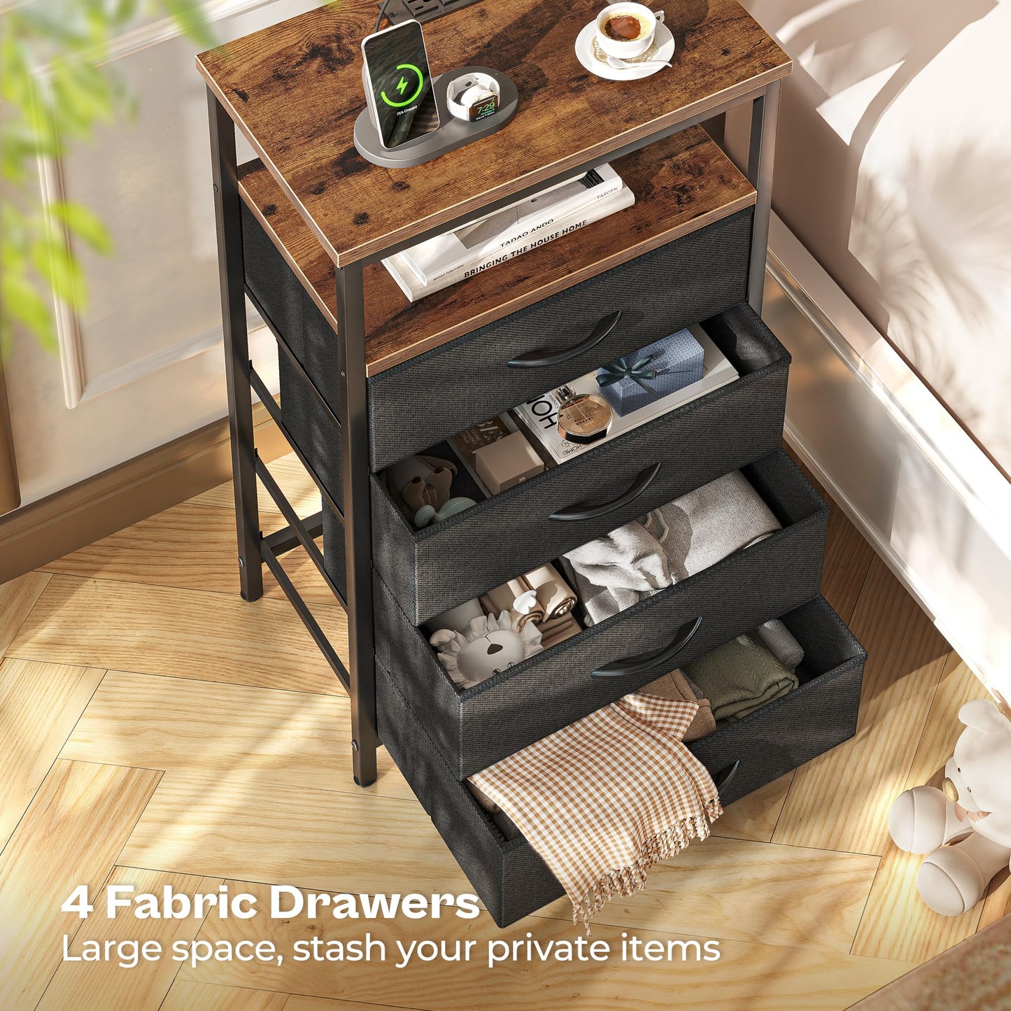 Huuger Nightstand with Charging Station, Side Table with Fabric Drawers, End Table with Open Shelf, Bedside Table with USB Ports and Outlets, Night Stand for Bedroom, Rustic Brown and Black