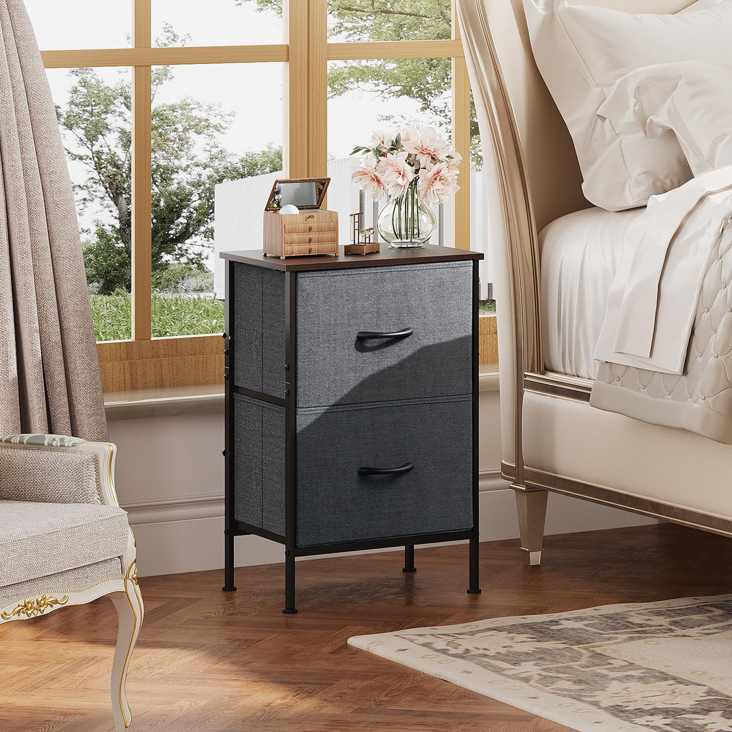 WLIVE Nightstand, 2 Drawer Dresser for Bedroom, Small Dresser with 2 Drawers, Bedside Furniture, Night Stand, End Table with Fabric Bins for Bedroom, Closet, Entryway, College Dorm, Dark Grey