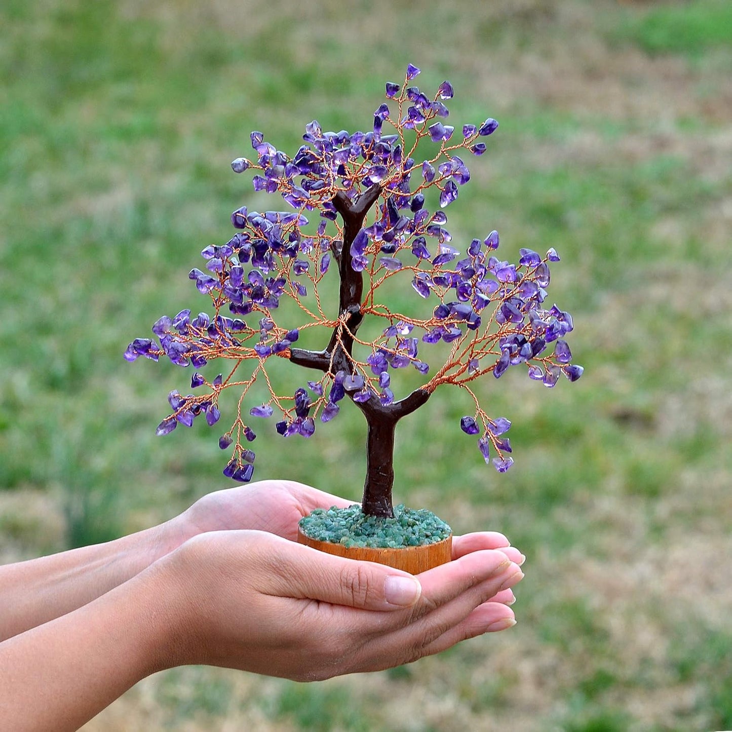 Ever Vibes Amethyst Chakra Gemstone Money Tree of Life with Necklace - Spiritual Decor, Feng Shui Healing Crystal, Handmade Tree Figurine Gift for Good Luck, Fortune, Wealth, Home Office Desk Decor