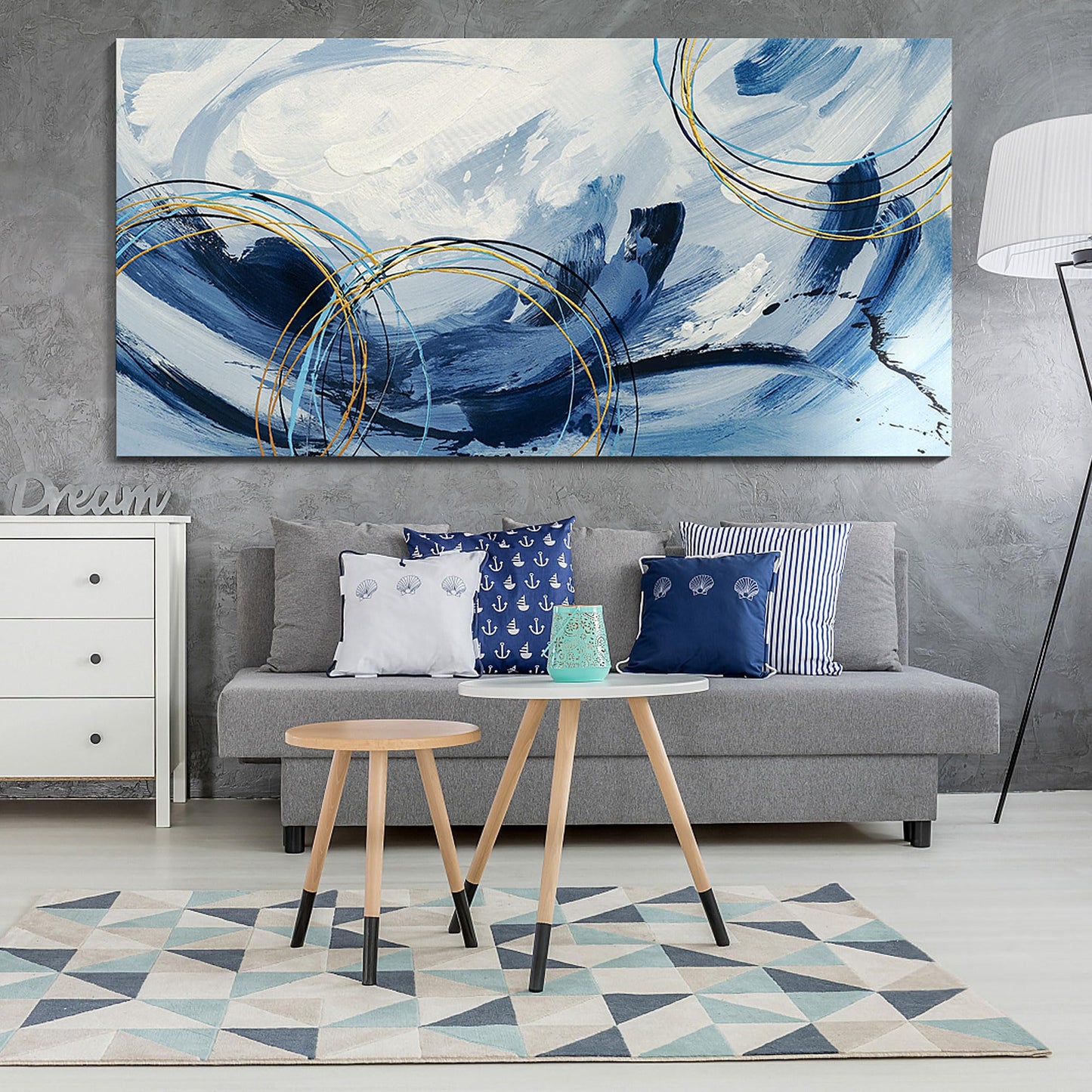 yiijeah Wall Art for Living Room - Framed Picture Artwork for Walls - Blue Wall Art 24x48 Inches Contemporary Abstract Wall Art Prints Canvas Painting Large Size Wall Art for Bedroom Office