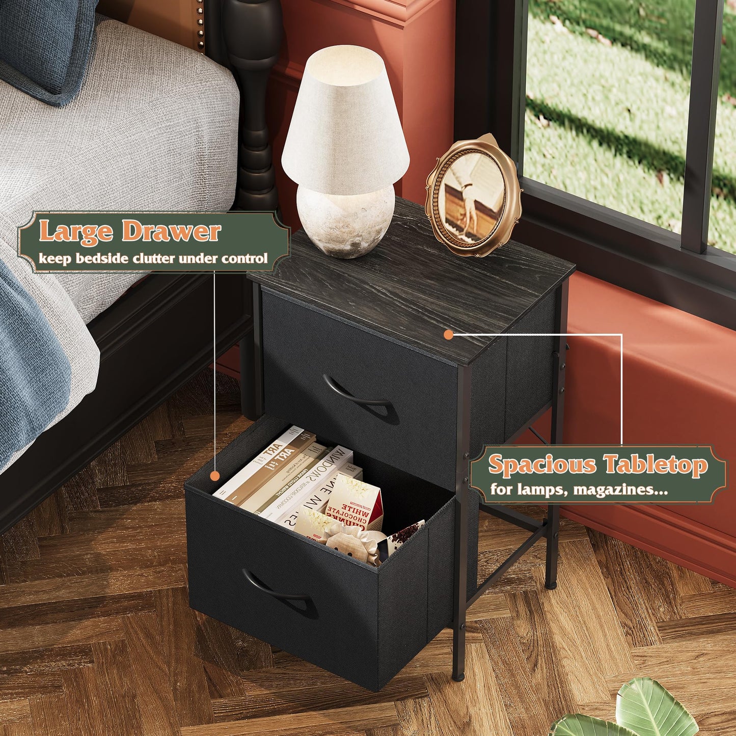 WLIVE Nightstand, 2 Drawer Dresser for Bedroom, Small Dresser with 2 Drawers, Bedside Furniture, Night Stand, End Table with Fabric Bins for Bedroom, Closet, Entryway, College Dorm, Dark Grey