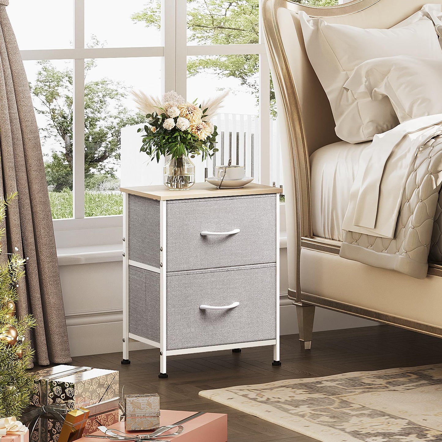 WLIVE Nightstand, 2 Drawer Dresser for Bedroom, Small Dresser with 2 Drawers, Bedside Furniture, Night Stand, End Table with Fabric Bins for Bedroom, Closet, Entryway, College Dorm, Dark Grey