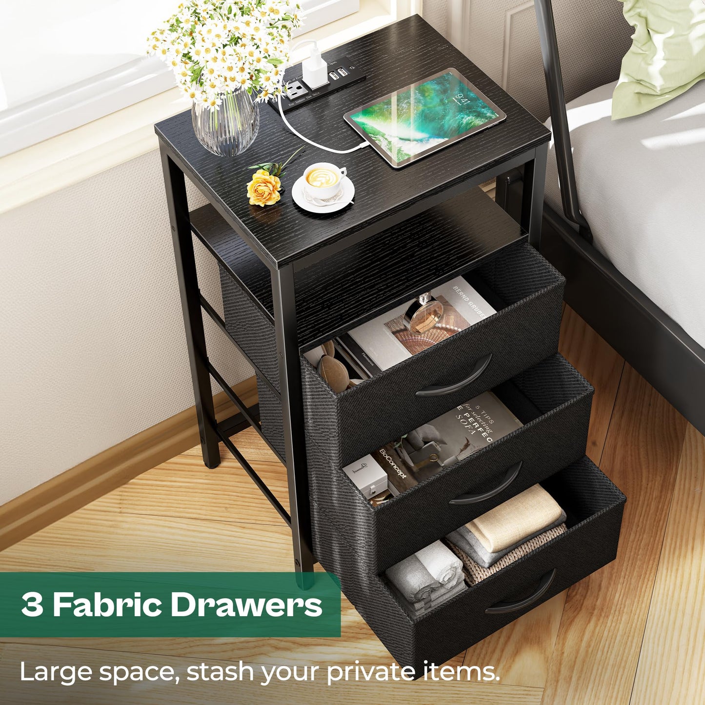 Huuger Nightstand with Charging Station, Side Table with Fabric Drawers, End Table with Open Shelf, Bedside Table with USB Ports and Outlets, Night Stand for Bedroom, Rustic Brown and Black