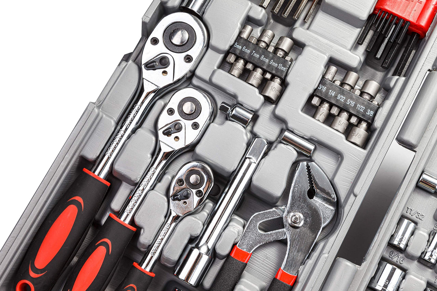 CARTMAN 205 Piece Ratchet Wrench Tool Set 1/4" & 3/8" & 1/2" Drive with SAE/Metric Sockets Kit in Plastic Toolbox