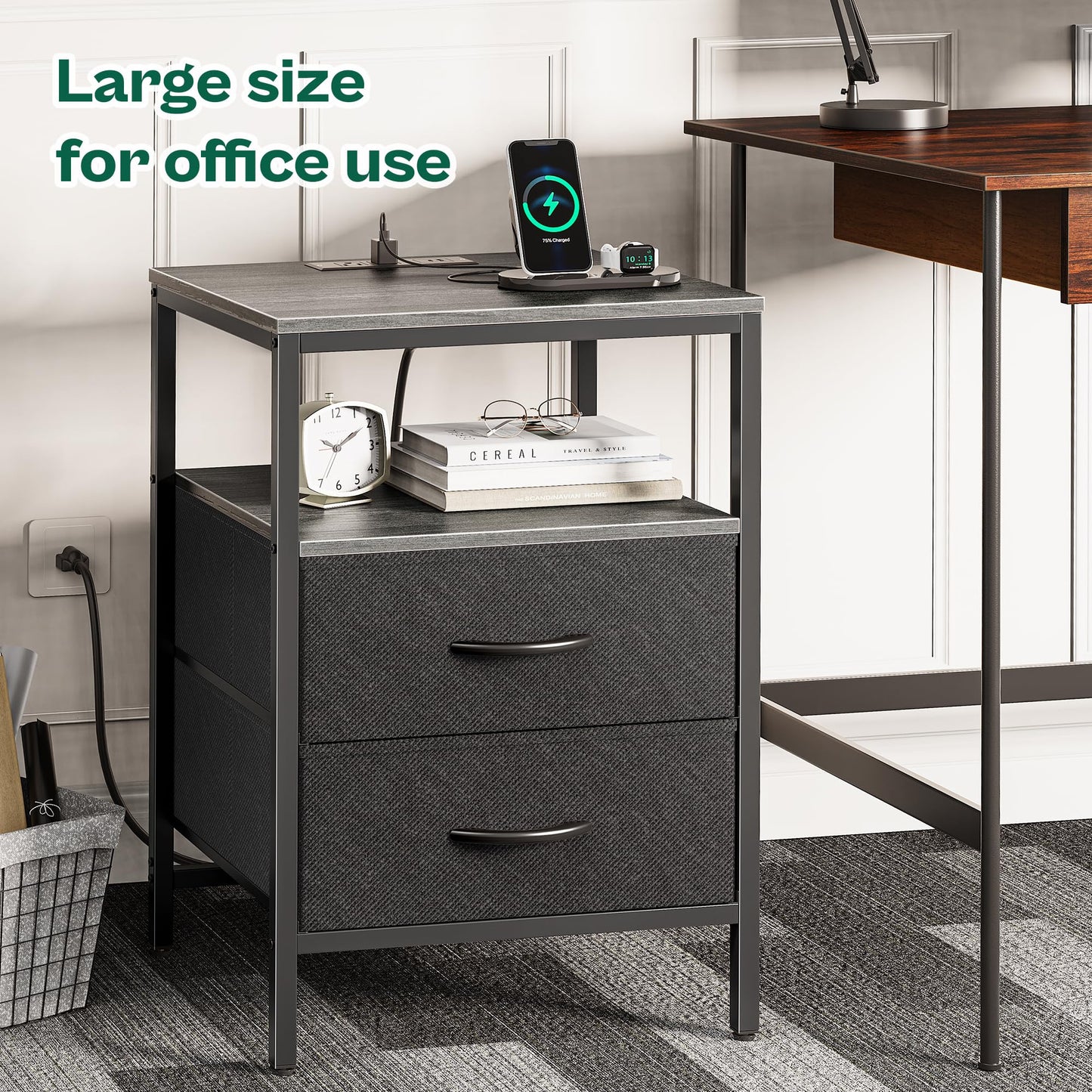 Huuger Nightstand with Charging Station, Side Table with Fabric Drawers, End Table with Open Shelf, Bedside Table with USB Ports and Outlets, Night Stand for Bedroom, Rustic Brown and Black