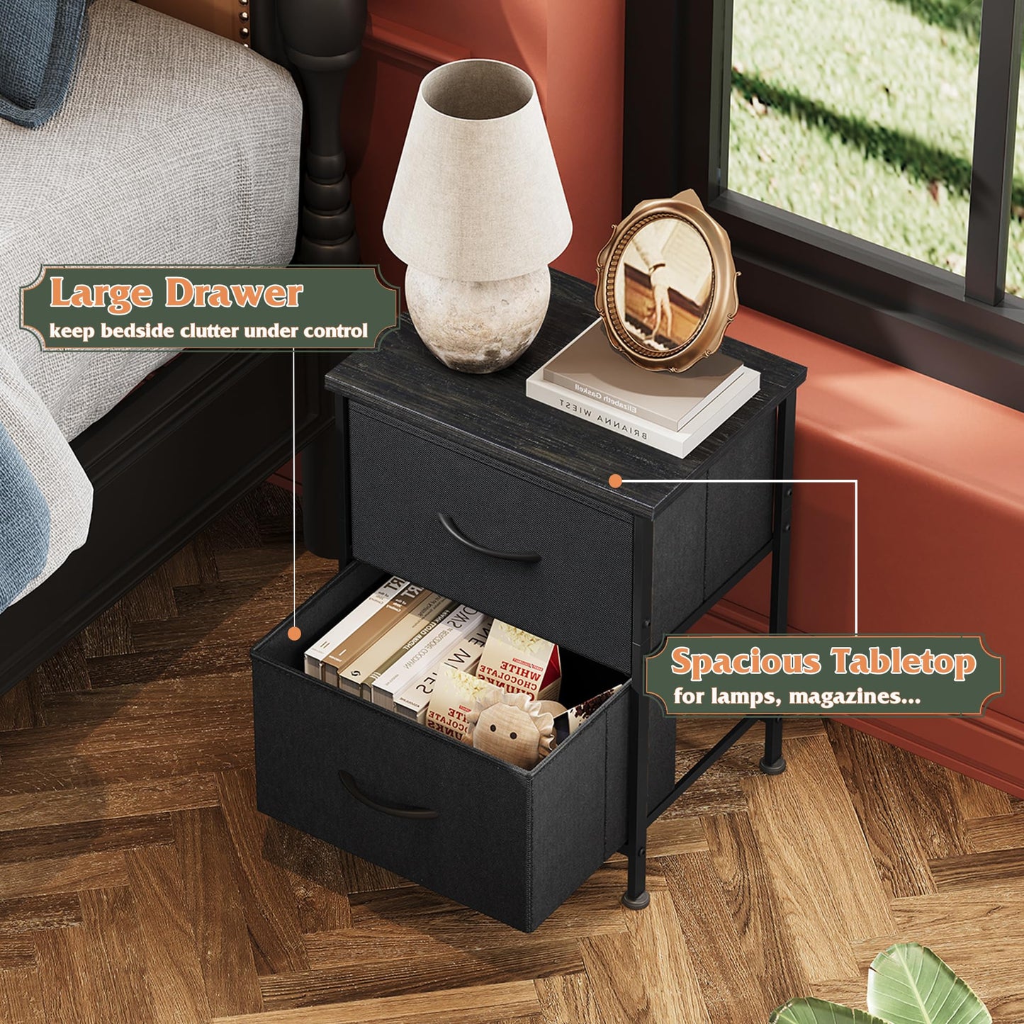 WLIVE Nightstand, 2 Drawer Dresser for Bedroom, Small Dresser with 2 Drawers, Bedside Furniture, Night Stand, End Table with Fabric Bins for Bedroom, Closet, Entryway, College Dorm, Dark Grey